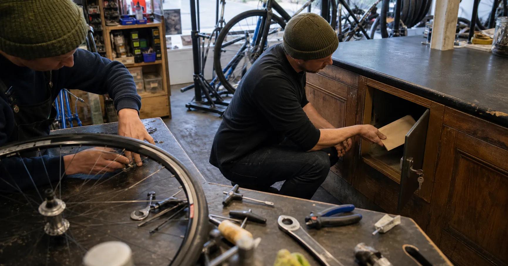 A bicycle-shop owner locks a sealed customer envelope into a small cabinet while a colleague continues repairing a wheel beside the service counter.