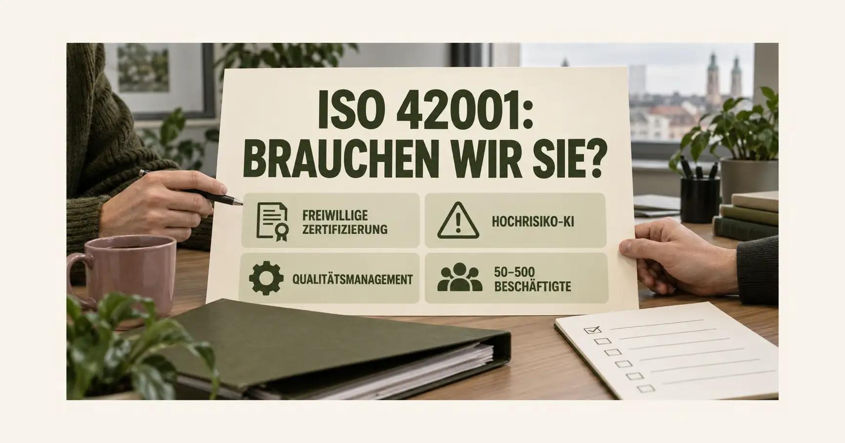 Zwei Personen sortieren Unterlagen in zwei Ablagen; darüber stehen ISO 42001: BRAUCHEN WIR SIE? sowie vier Entscheidungshinweise.