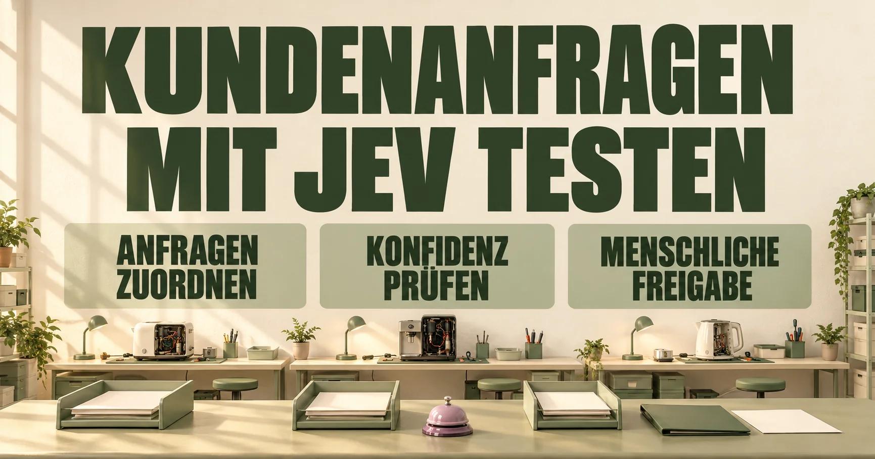 Ein Reparaturraum als Diorama zeigt drei Ablagen, eine olivgrüne Mappe und eine mauvefarbene Glocke unter KUNDENANFRAGEN MIT JEV TESTEN sowie ANFRAGEN ZUORDNEN, KONFIDENZ PRÜFEN und MENSCHLICHE FREIGABE.