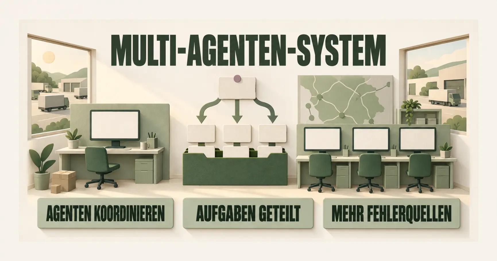 Eine Papier-Diorama-Dispo zeigt einen einzelnen Agenten und drei koordinierte Agenten; im Bild stehen MULTI-AGENTEN-SYSTEM und drei Hinweise.