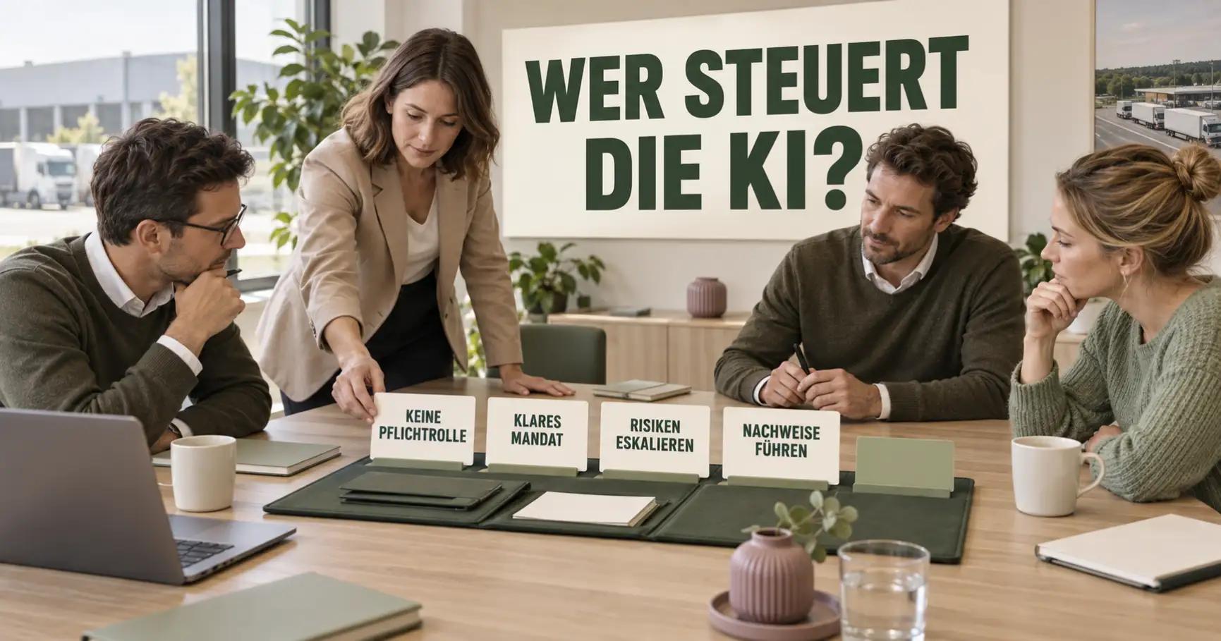 Ein Governance-Team ordnet an einem Tisch einen olivgrünen Ordner und vier Karten unter der Überschrift WER STEUERT DIE KI?.
