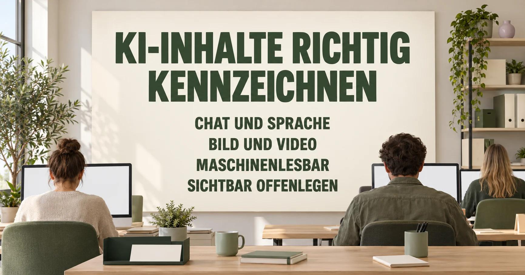 In einer Content-Zentrale sammeln Beschäftigte Chat-, Bild- und Videokarten in einer olivgrünen Mappe; die Tafel zeigt KI-INHALTE RICHTIG KENNZEICHNEN und vier Kanalhinweise.