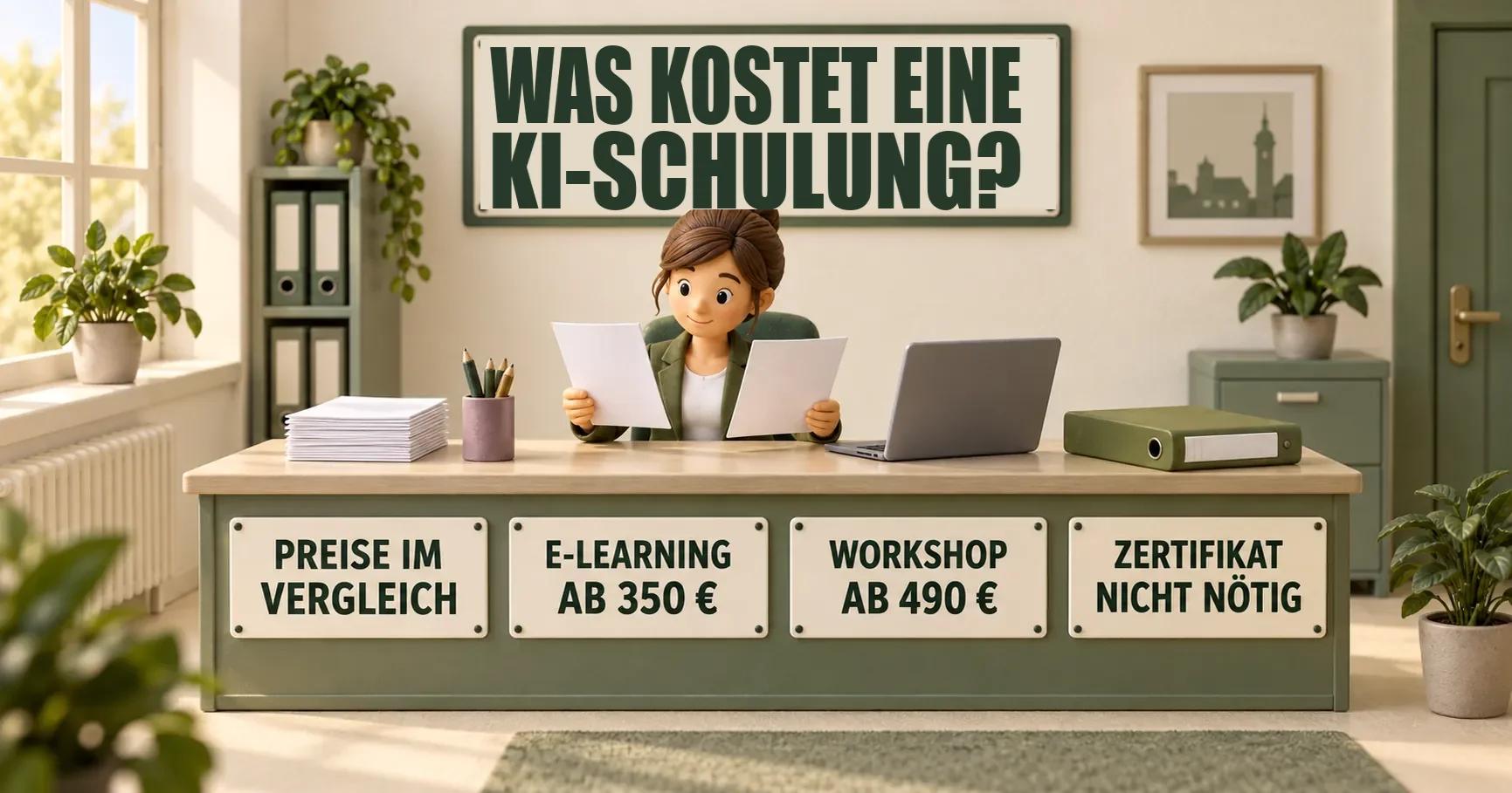 Eine Büroleiterin vergleicht zwei Schulungsangebote neben einem Laptop; Schilder nennen E-Learning ab 350 Euro, Workshops ab 490 Euro und die fehlende Pflicht zum Zertifikat.