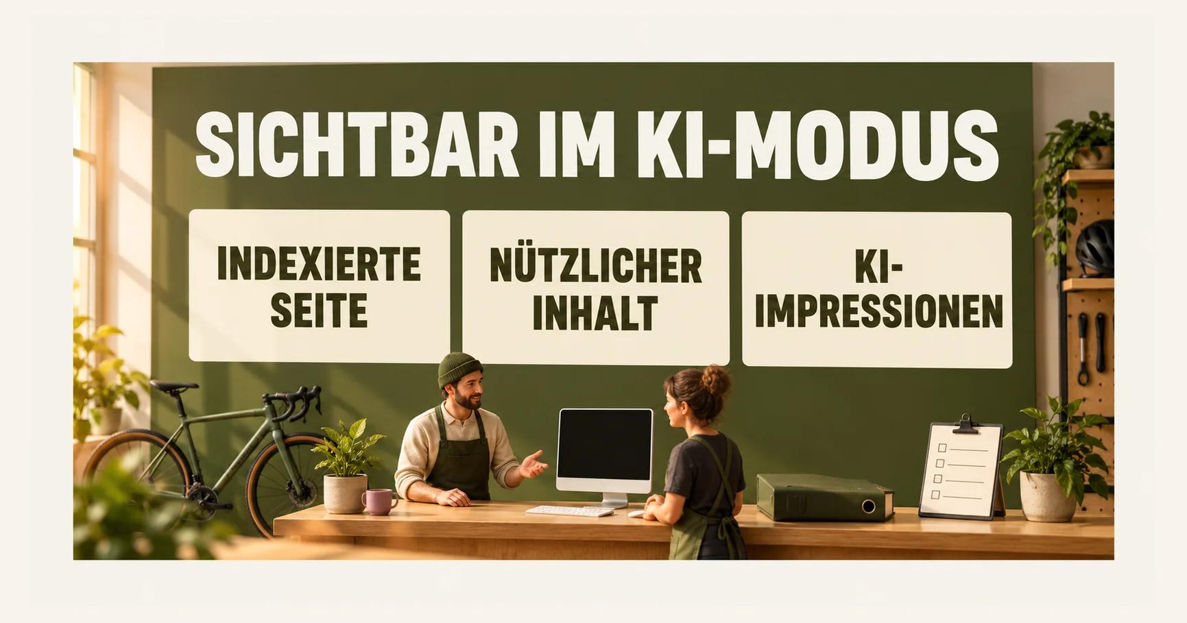 Ein Miniaturbüro eines Fahrradgeschäfts zeigt die Tafel SICHTBAR IM KI-MODUS mit INDEXIERTE SEITE, NÜTZLICHER INHALT und KI-IMPRESSIONEN; darunter liegen eine olivgrüne Mappe und eine offene Checkliste.