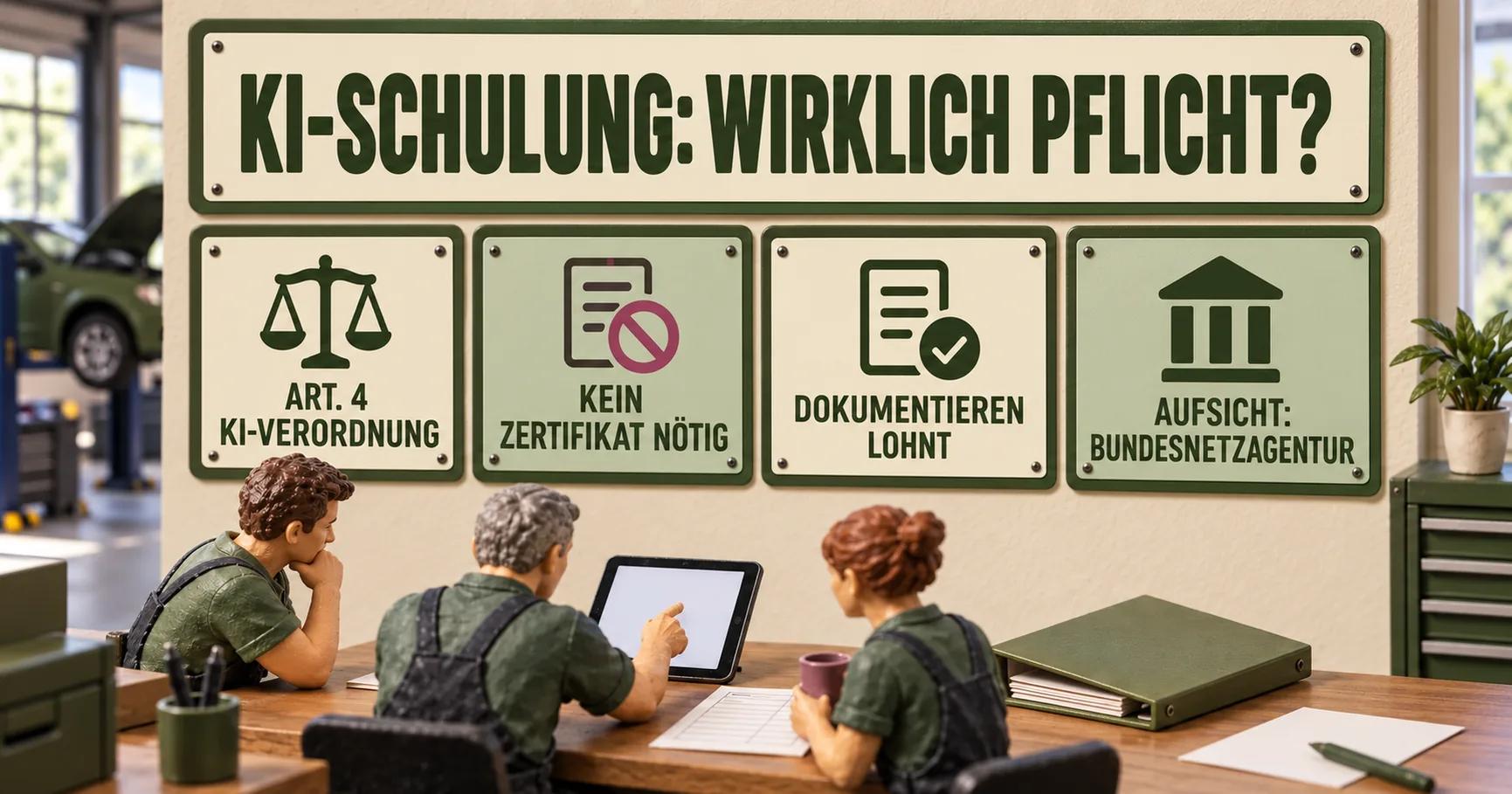 Miniatur einer Kfz-Werkstatt: Drei Beschäftigte sehen ein Tablet; darüber stehen KI-SCHULUNG: WIRKLICH PFLICHT? und vier Schilder zu Artikel 4, Zertifikat, Dokumentation und Bundesnetzagentur.