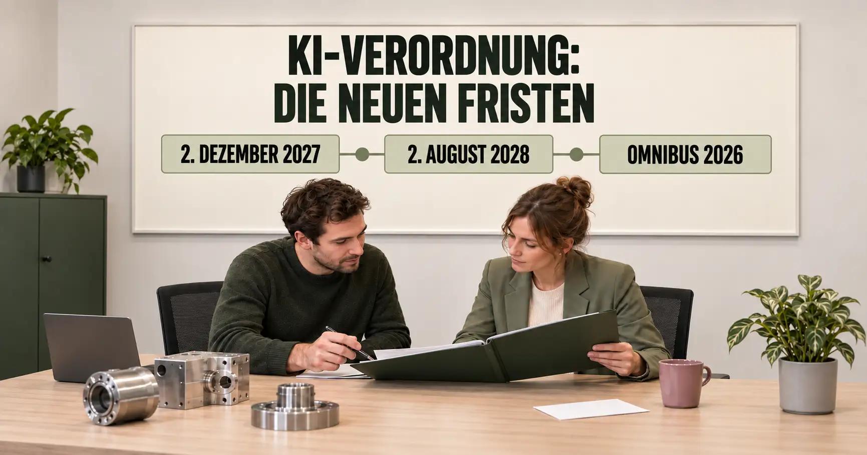 Zwei Beschäftigte eines Maschinenbauunternehmens planen vor einer Wandtafel mit der Überschrift KI-VERORDNUNG: DIE NEUEN FRISTEN und den Terminen 2. DEZEMBER 2027, 2. AUGUST 2028 und OMNIBUS 2026.