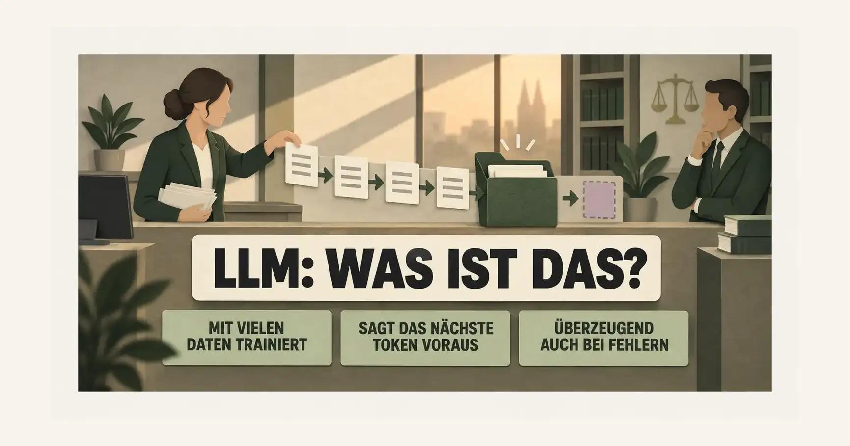 Eine Papierfolge im Kanzleibüro zeigt die Vorhersage des nächsten Tokens; im Bild stehen LLM: WAS IST DAS? und drei erklärende Hinweise.