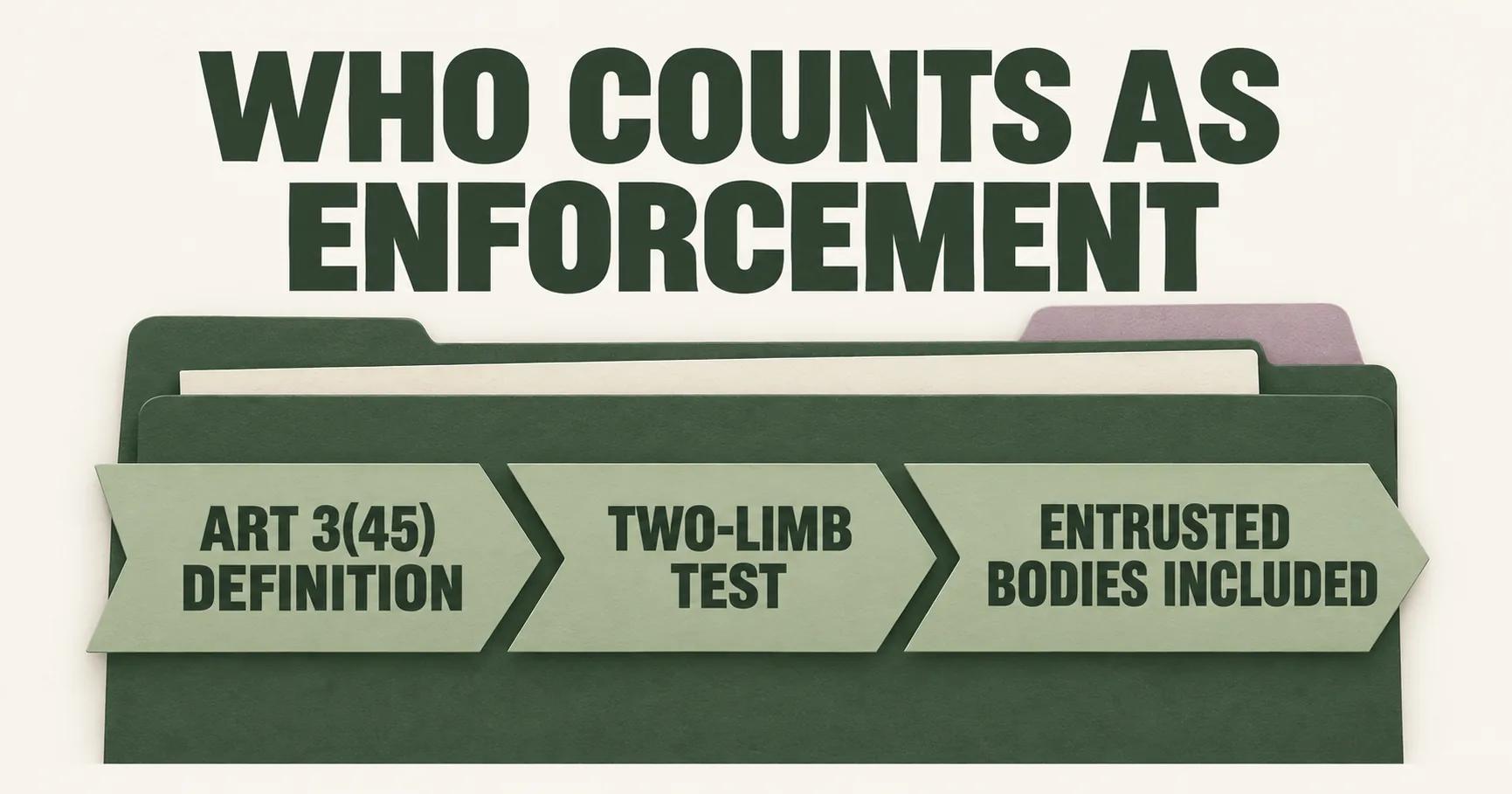 A cream and olive paper scene shows an open folder marked ART 3(45) DEFINITION, a TWO-LIMB TEST and ENTRUSTED BODIES INCLUDED under the headline WHO COUNTS AS ENFORCEMENT.