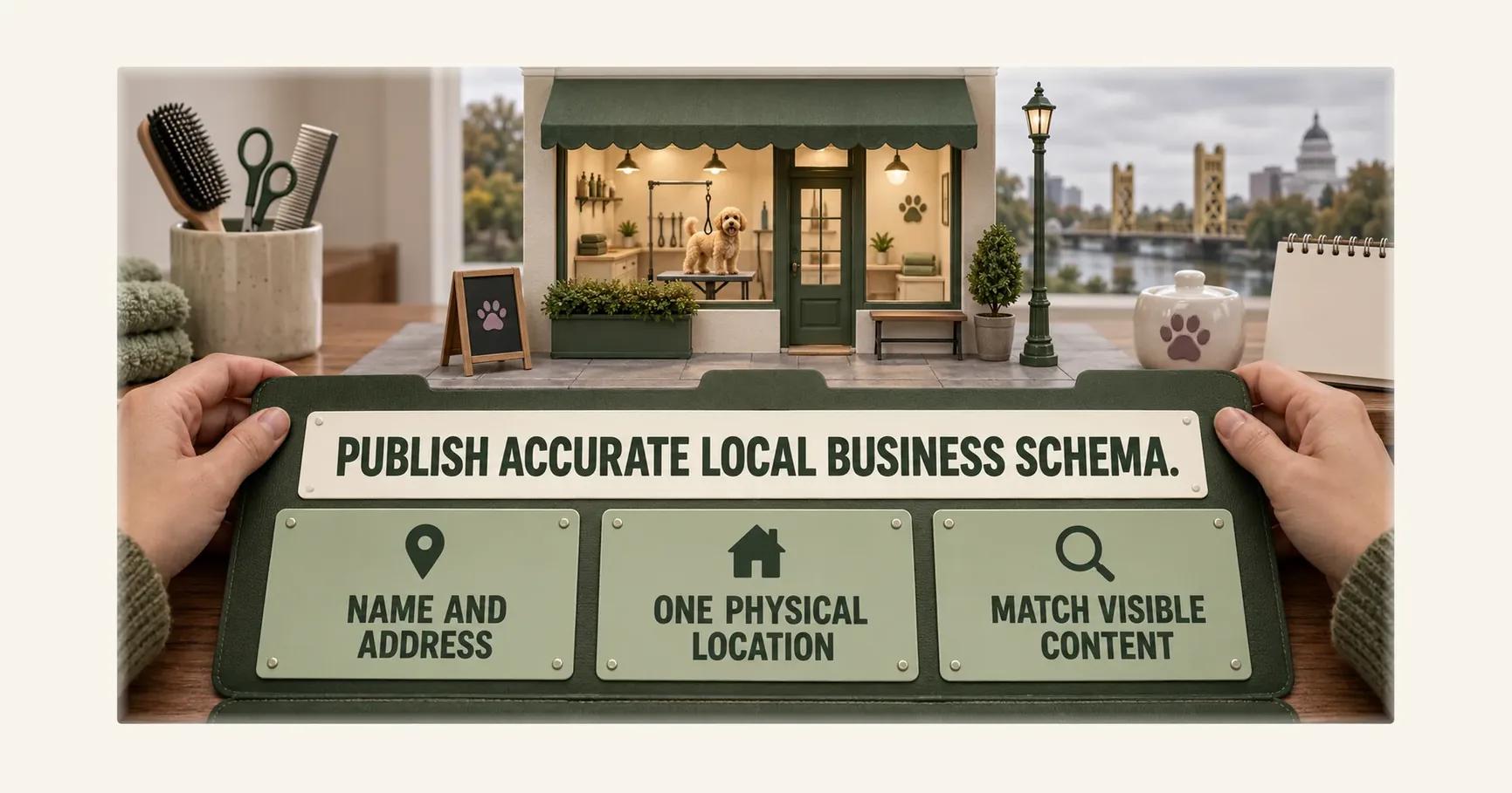Hands hold a board in front of a grooming shop model, showing PUBLISH ACCURATE LOCAL BUSINESS SCHEMA above NAME AND ADDRESS, ONE PHYSICAL LOCATION and MATCH VISIBLE CONTENT.