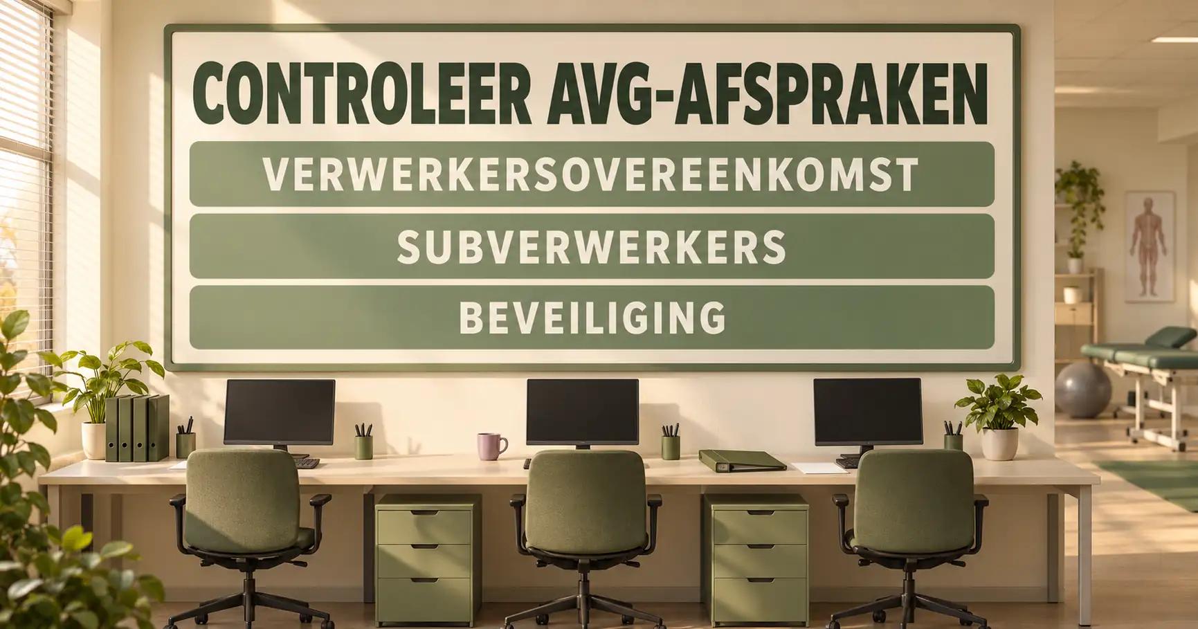 In een maquette van een fysiotherapiepraktijk staan de woorden CONTROLEER AVG-AFSPRAKEN boven stations voor verwerkersovereenkomst, subverwerkers en beveiliging.