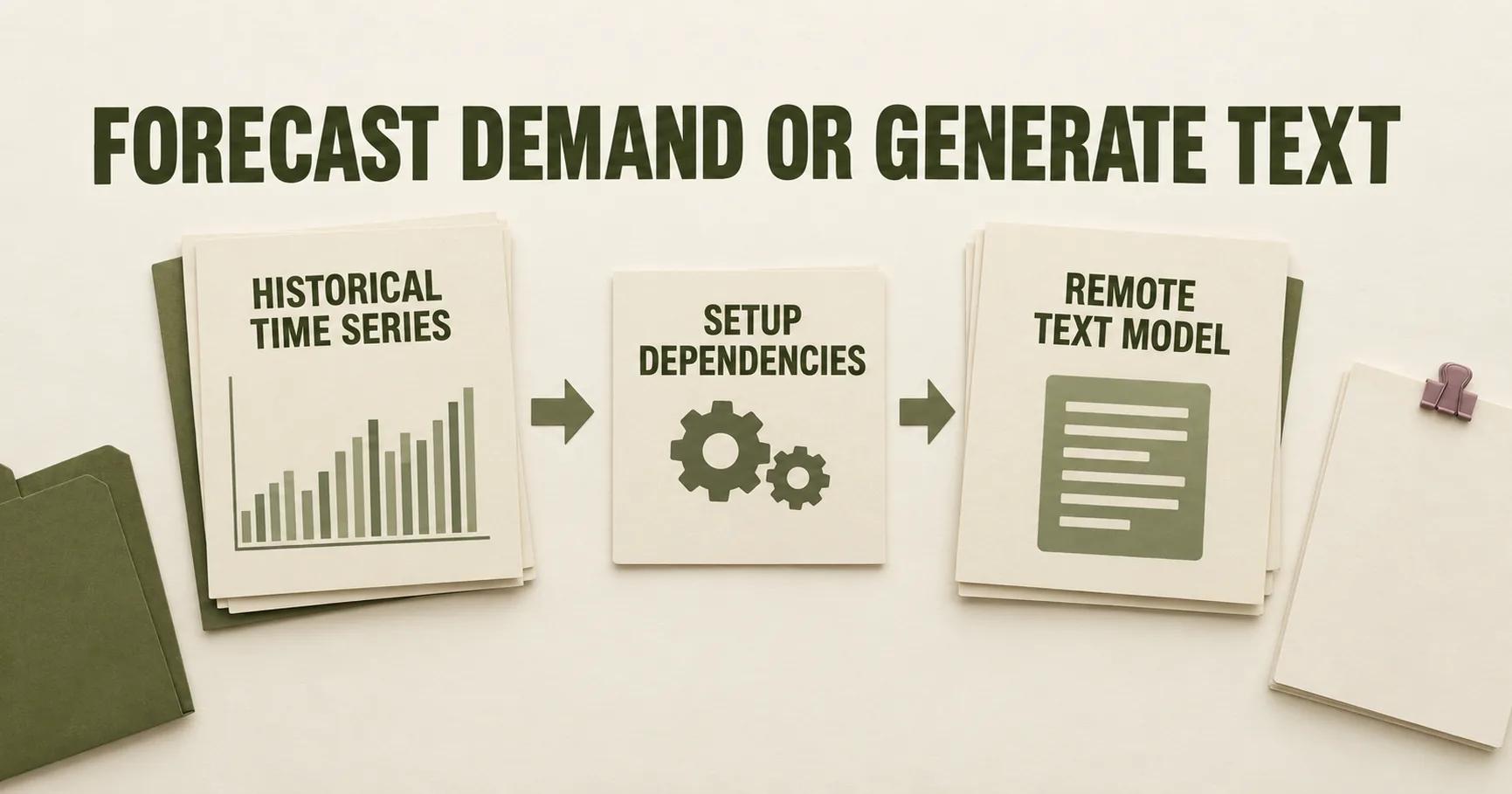 Paper sales series and a remote-model card sit beside a deep olive folder below FORECAST DEMAND OR GENERATE TEXT, with labels for historical time series and setup dependencies.