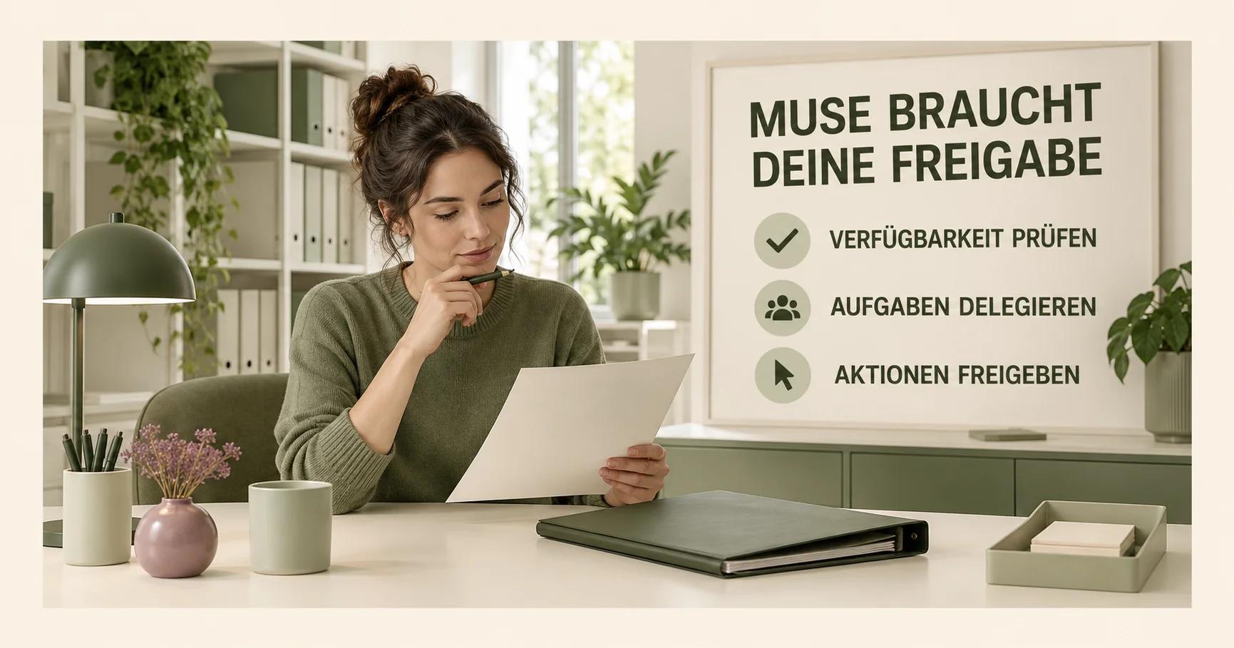 Eine Mitarbeiterin prüft im Hinterzimmer eines Ladens Unterlagen neben einer olivgrünen Mappe. Die Tafel trägt MUSE BRAUCHT DEINE FREIGABE sowie VERFÜGBARKEIT PRÜFEN, AUFGABEN DELEGIEREN und AKTIONEN FREIGEBEN.