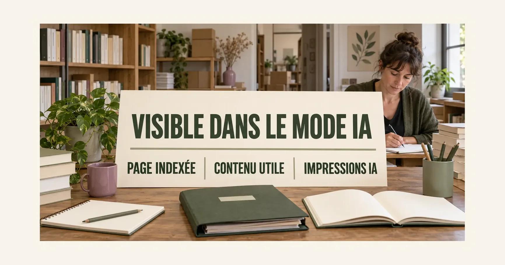 Dans l'arrière-boutique d'une librairie, une responsable écrit près d'un dossier olive et d'un panneau VISIBLE DANS LE MODE IA portant PAGE INDEXÉE, CONTENU UTILE et IMPRESSIONS IA.