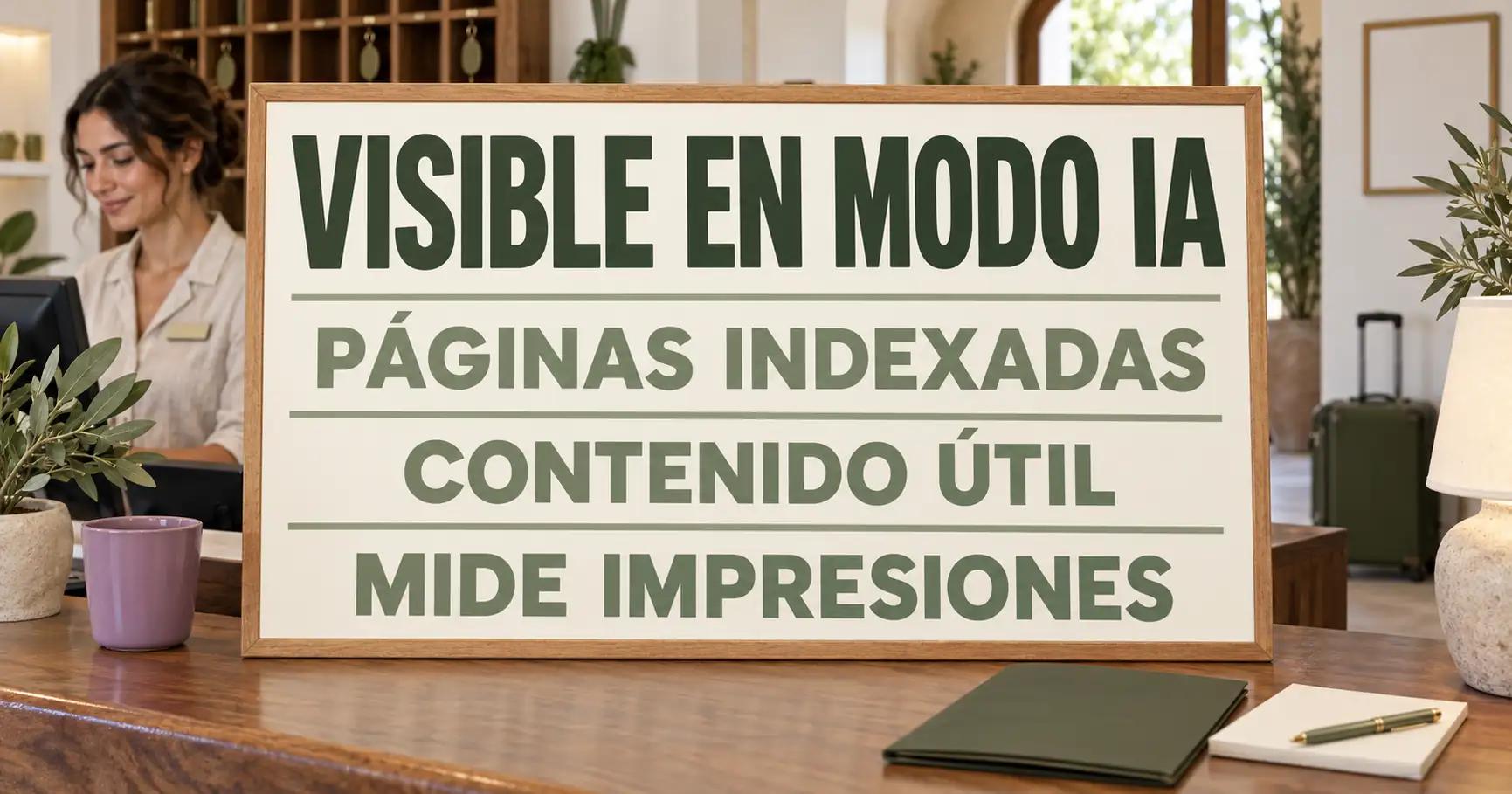 En la recepción de un hotel familiar, un cartel dice VISIBLE EN MODO IA y muestra PÁGINAS INDEXADAS, CONTENIDO ÚTIL y MIDE IMPRESIONES.