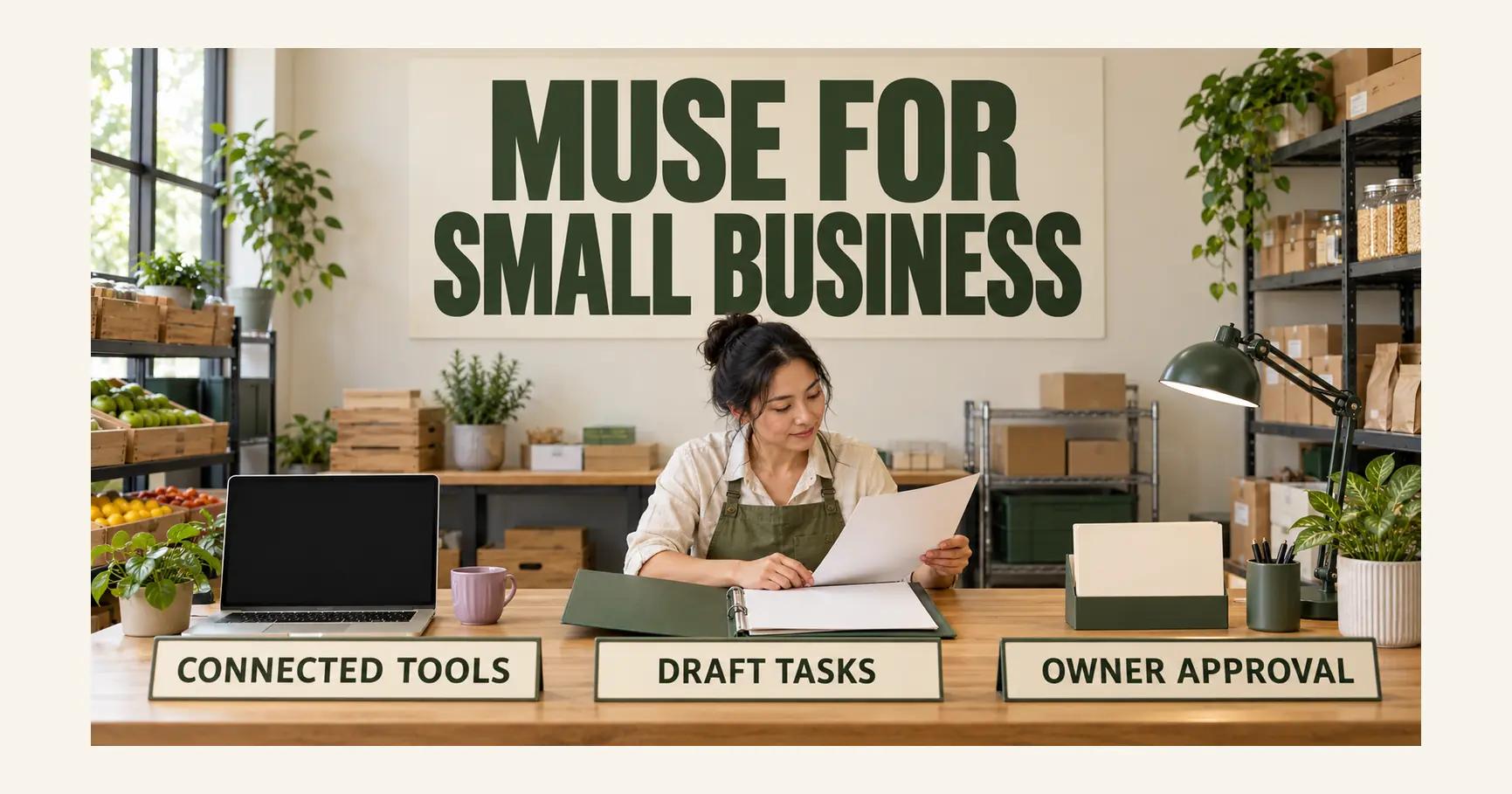 A grocery owner reviews a draft beside an olive folder under MUSE FOR SMALL BUSINESS, with CONNECTED TOOLS, DRAFT TASKS and OWNER APPROVAL labels.