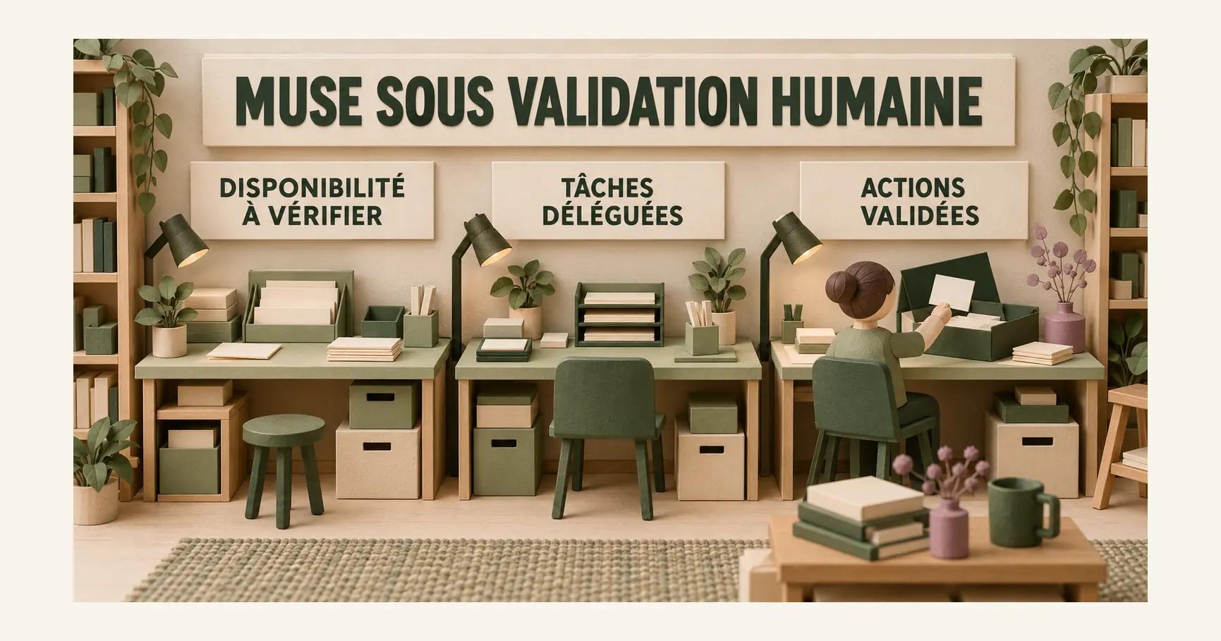 Un diorama de librairie présente MUSE SOUS VALIDATION HUMAINE et trois postes : DISPONIBILITÉ À VÉRIFIER, TÂCHES DÉLÉGUÉES et ACTIONS VALIDÉES.