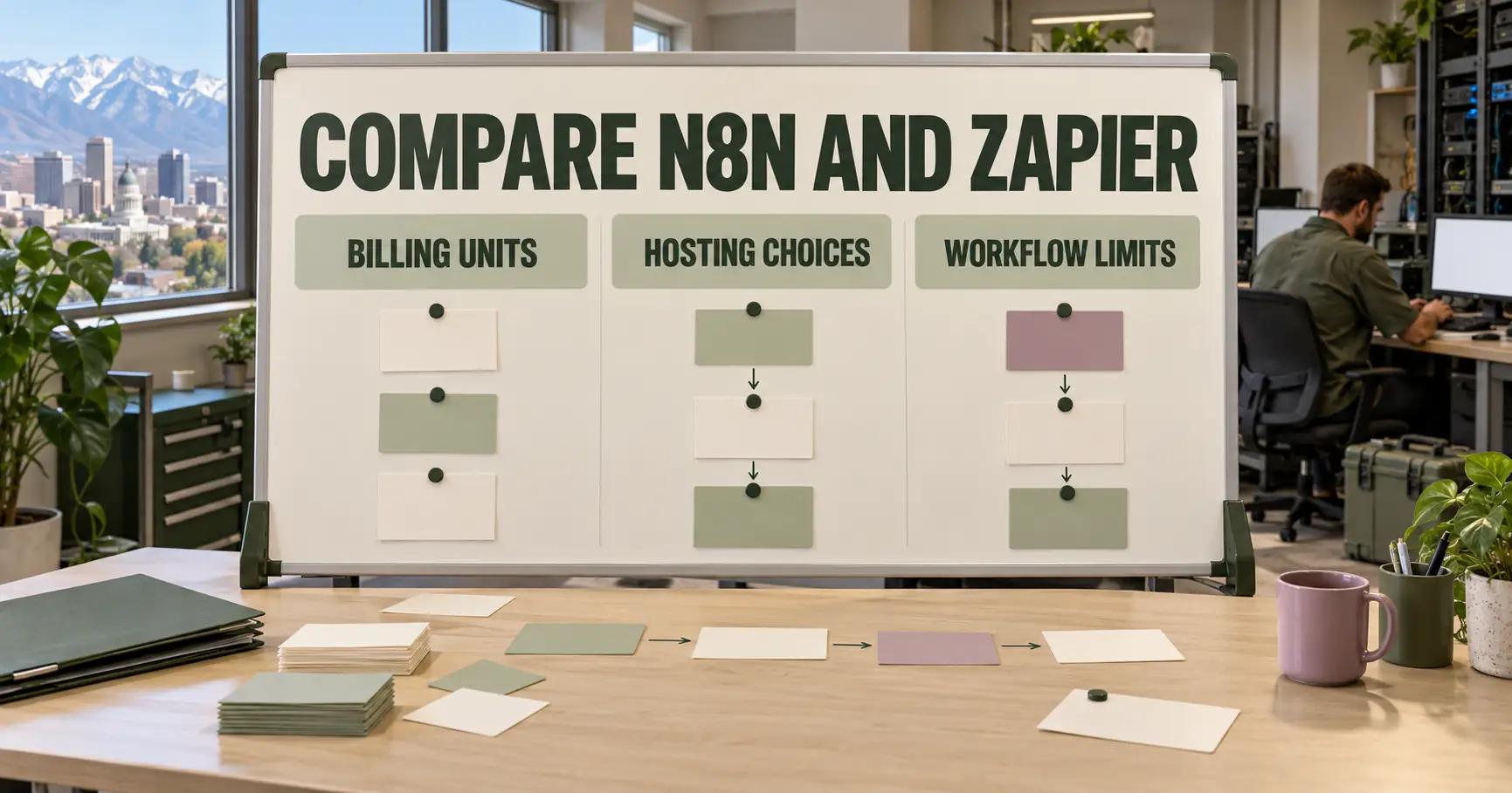 At a field-services IT desk, a board reads COMPARE N8N AND ZAPIER above billing units, hosting choices and workflow limits.