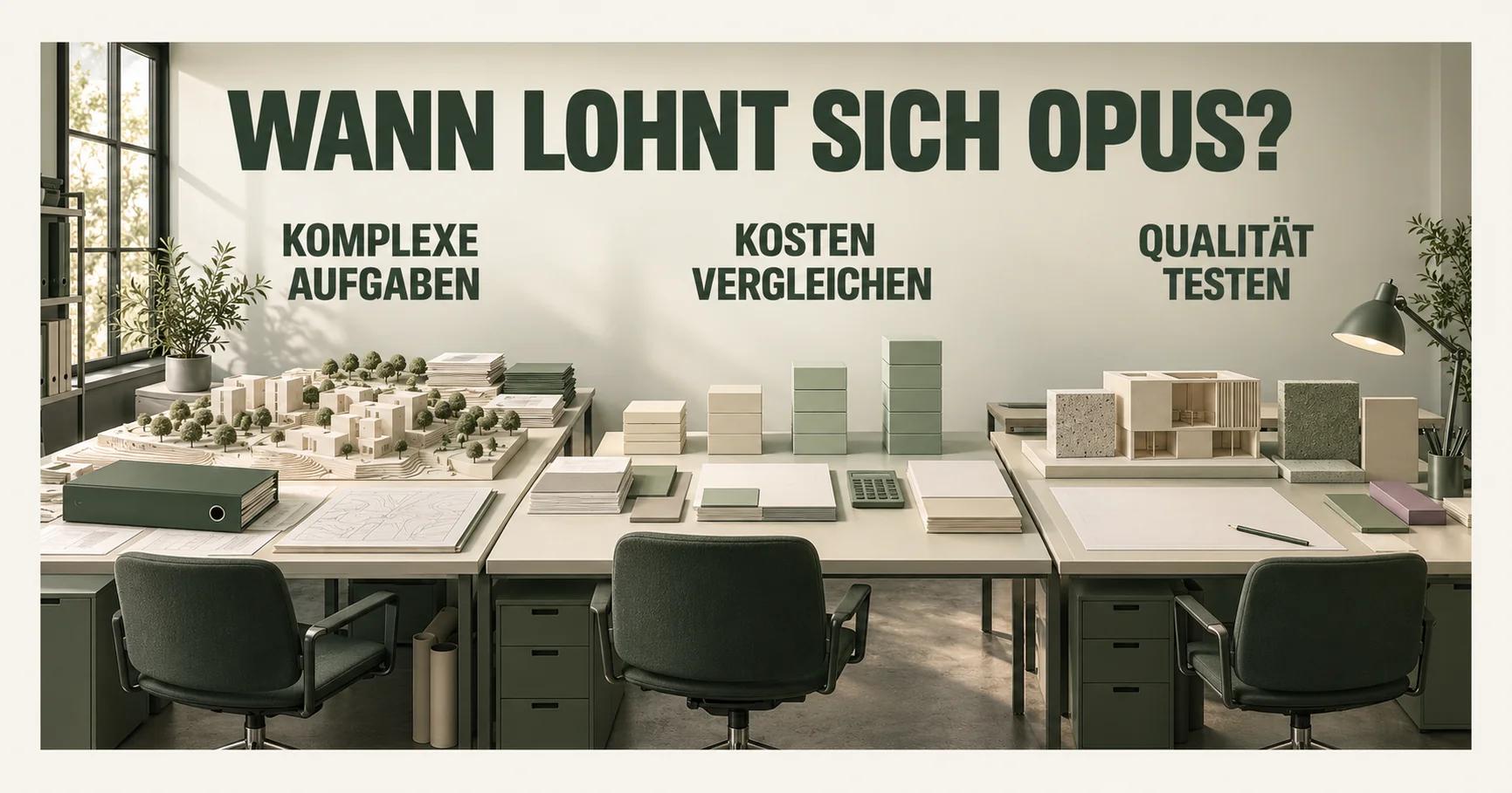 Im Architekturbüro stehen Entwürfe unter der Überschrift WANN LOHNT SICH OPUS? Die Schilder heißen KOMPLEXE AUFGABEN, KOSTEN VERGLEICHEN und QUALITÄT TESTEN; vorn liegt eine olivgrüne Mappe.