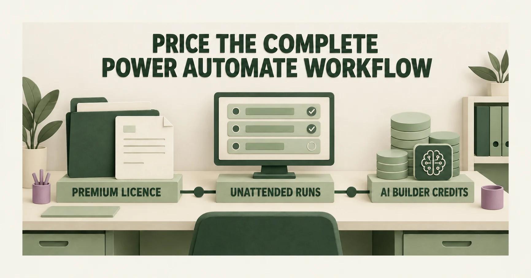 A cream paper workflow beside an olive folder reads PRICE THE COMPLETE POWER AUTOMATE WORKFLOW, with PREMIUM LICENCE, UNATTENDED RUNS and AI BUILDER CREDITS on three trays.