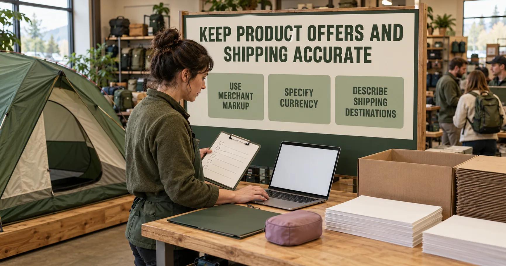 In a camping shop, a worker checks a blank selling-page screen beneath KEEP PRODUCT OFFERS AND SHIPPING ACCURATE and labels for merchant markup, currency and shipping destinations.
