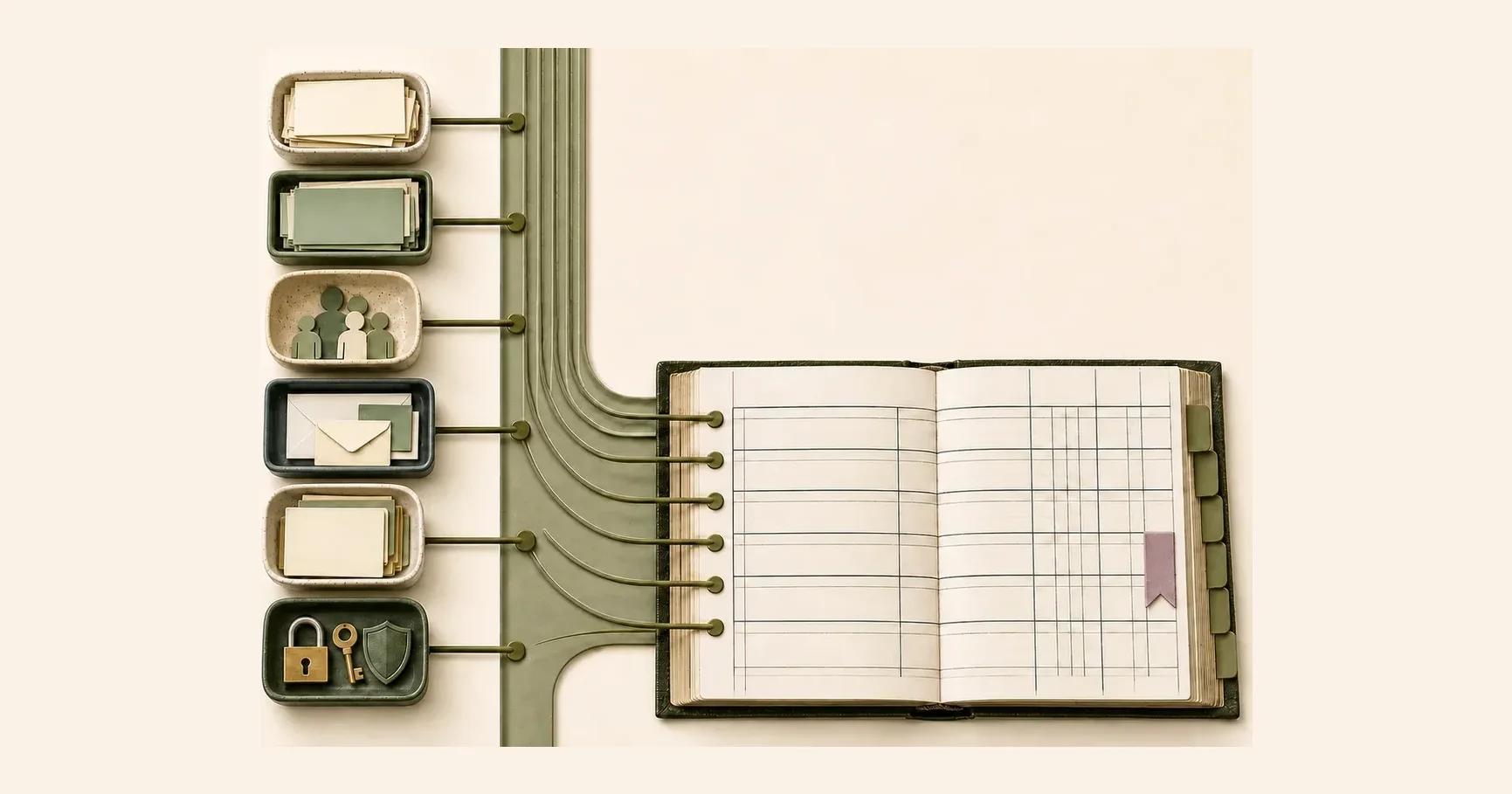 A labelled workflow feeds purpose, data, people, recipients, retention and security into a ROPA register.