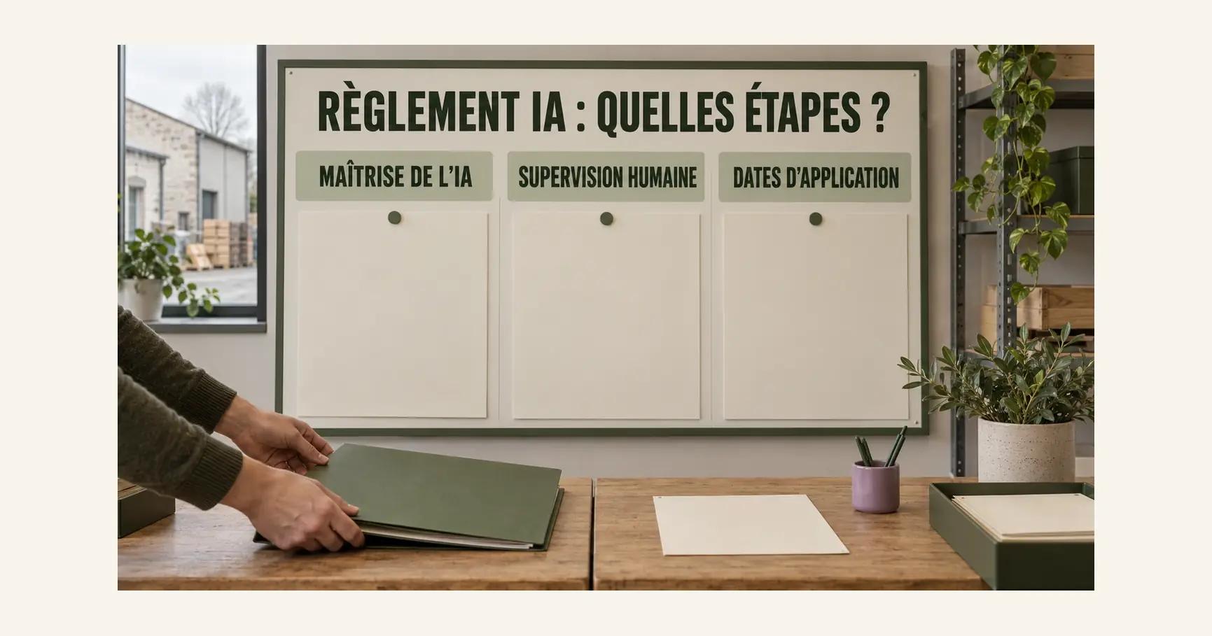 Dans l’atelier d’un fabricant, une main dépose un dossier vert olive devant un tableau portant RÈGLEMENT IA : QUELLES ÉTAPES ? et les repères MAÎTRISE DE L’IA, SUPERVISION HUMAINE et DATES D’APPLICATION.