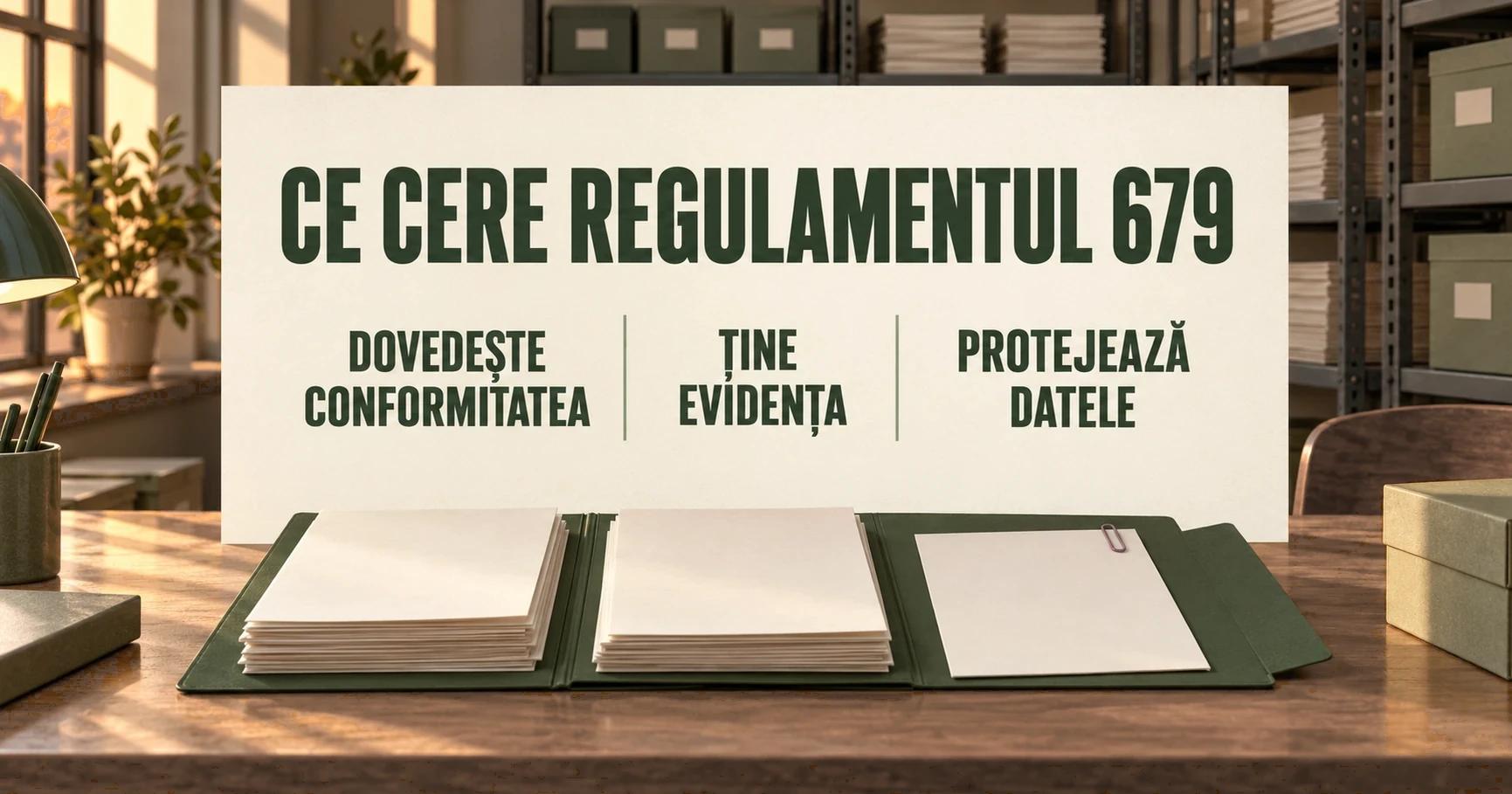 Trei teancuri de dosare dintr-o arhivă administrativă, legate de un dosar verde măsliniu, poartă mesajele CE CERE REGULAMENTUL 679, DOVEDEȘTE CONFORMITATEA, ȚINE EVIDENȚA și PROTEJEAZĂ DATELE.