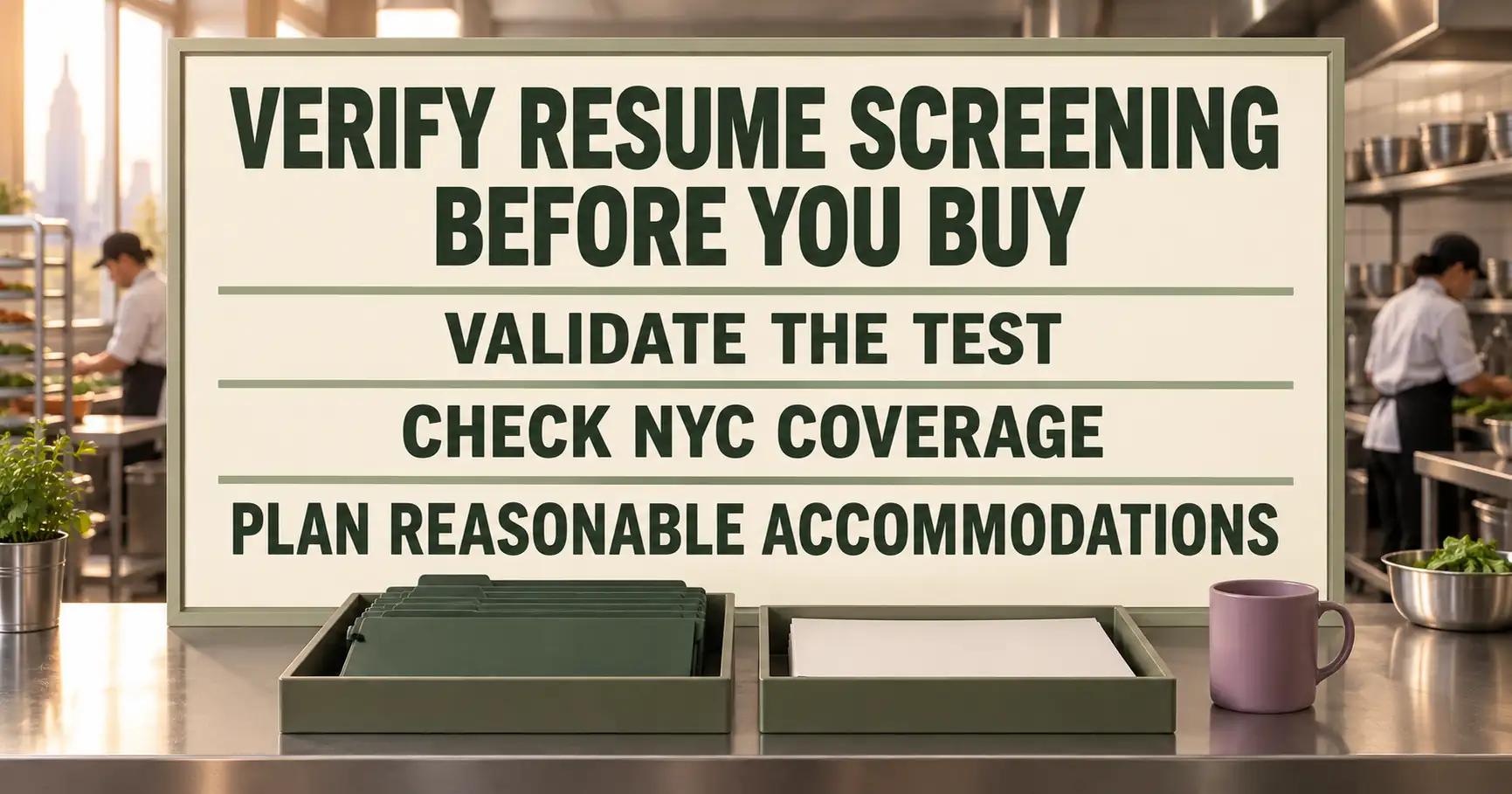 A catering-team diorama sorts test validation, NYC coverage and reasonable accommodations beneath VERIFY RESUME SCREENING BEFORE YOU BUY.