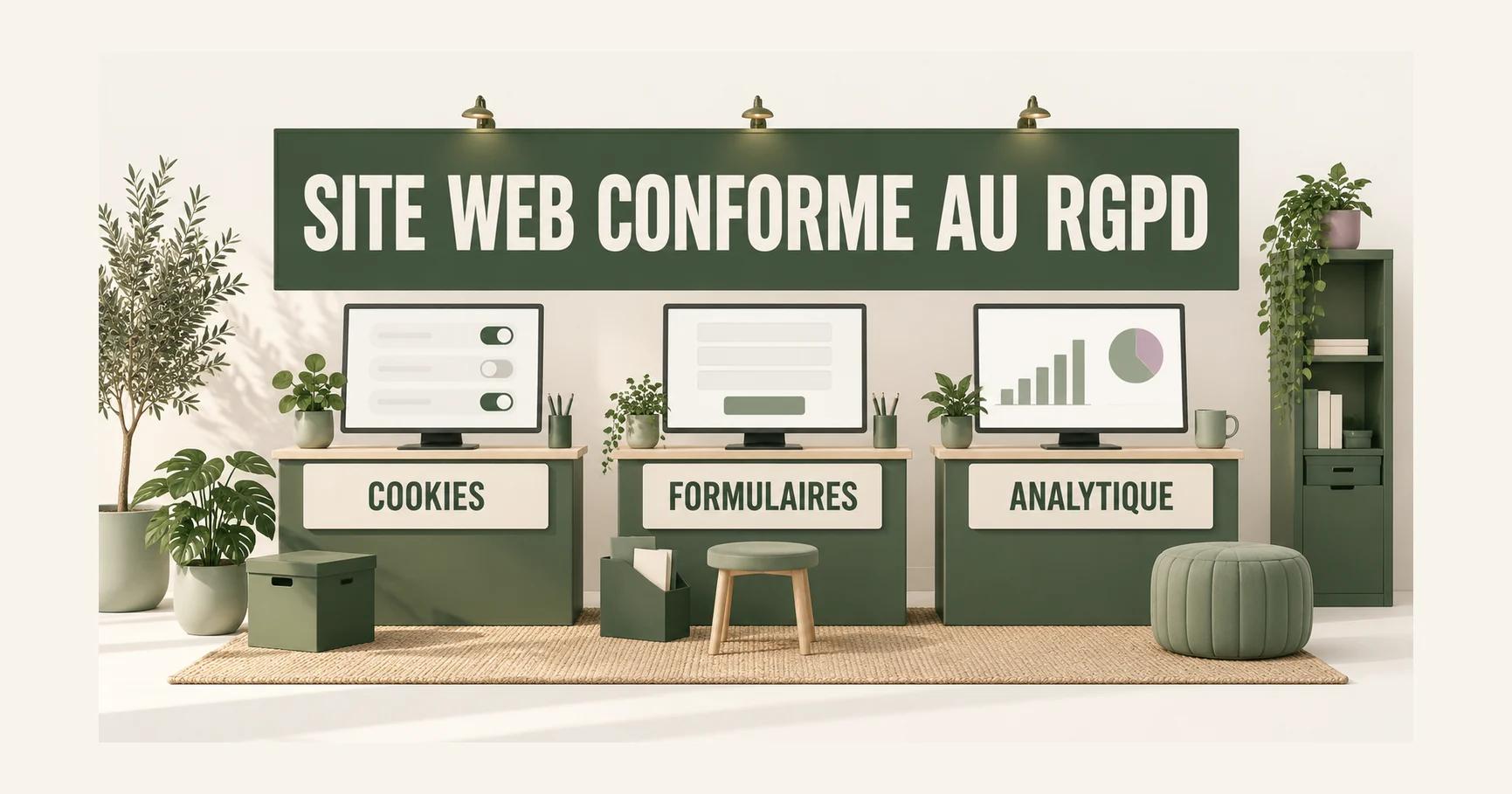 Un studio web miniature vu de face aligne trois écrans COOKIES, FORMULAIRES et ANALYTIQUE sous l'enseigne SITE WEB CONFORME AU RGPD, avec un dossier vert olive.