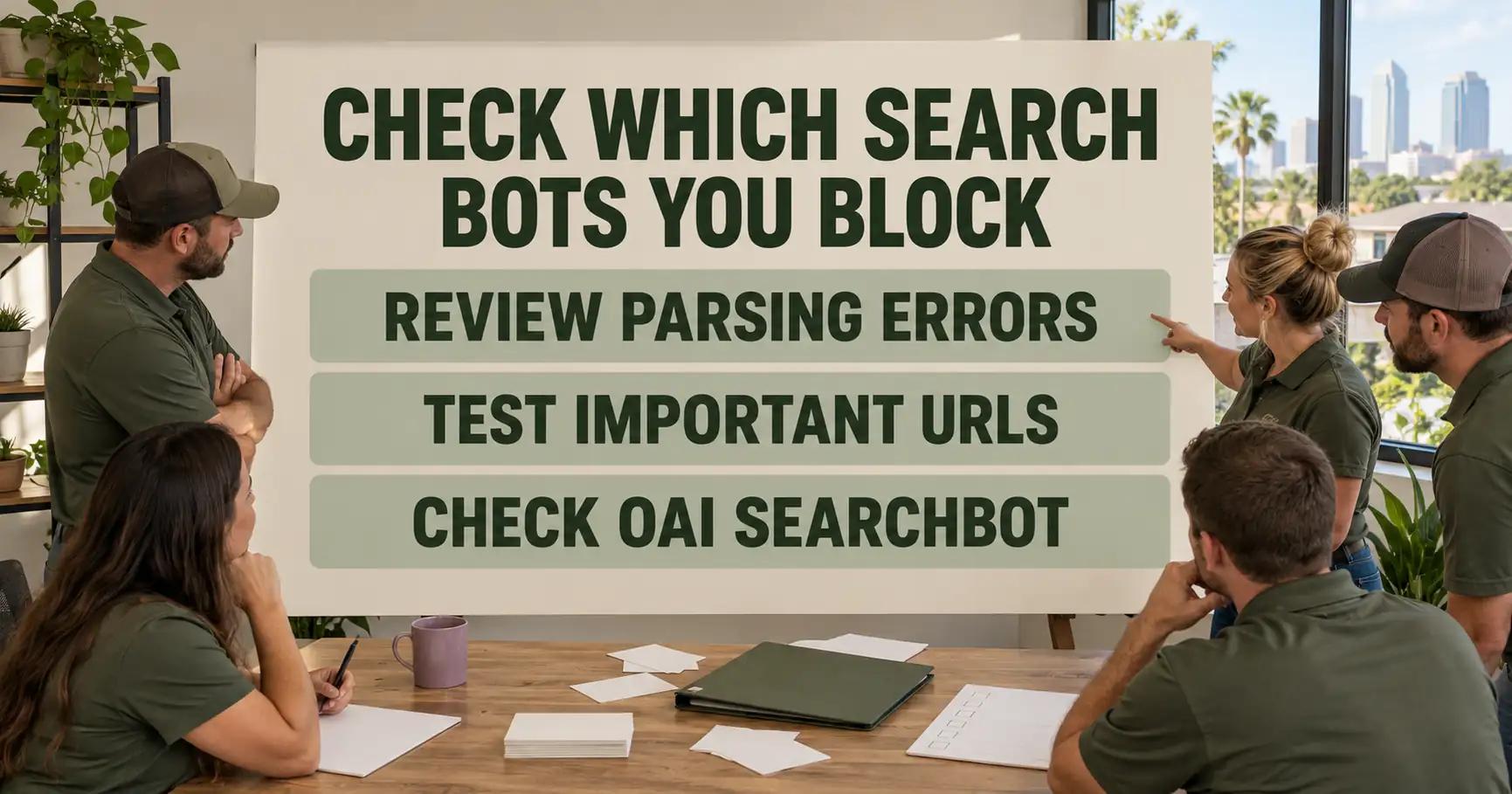 A roofing team examines a board headed CHECK WHICH SEARCH BOTS YOU BLOCK, with labels for parsing errors, important URLs and OAI-SearchBot.