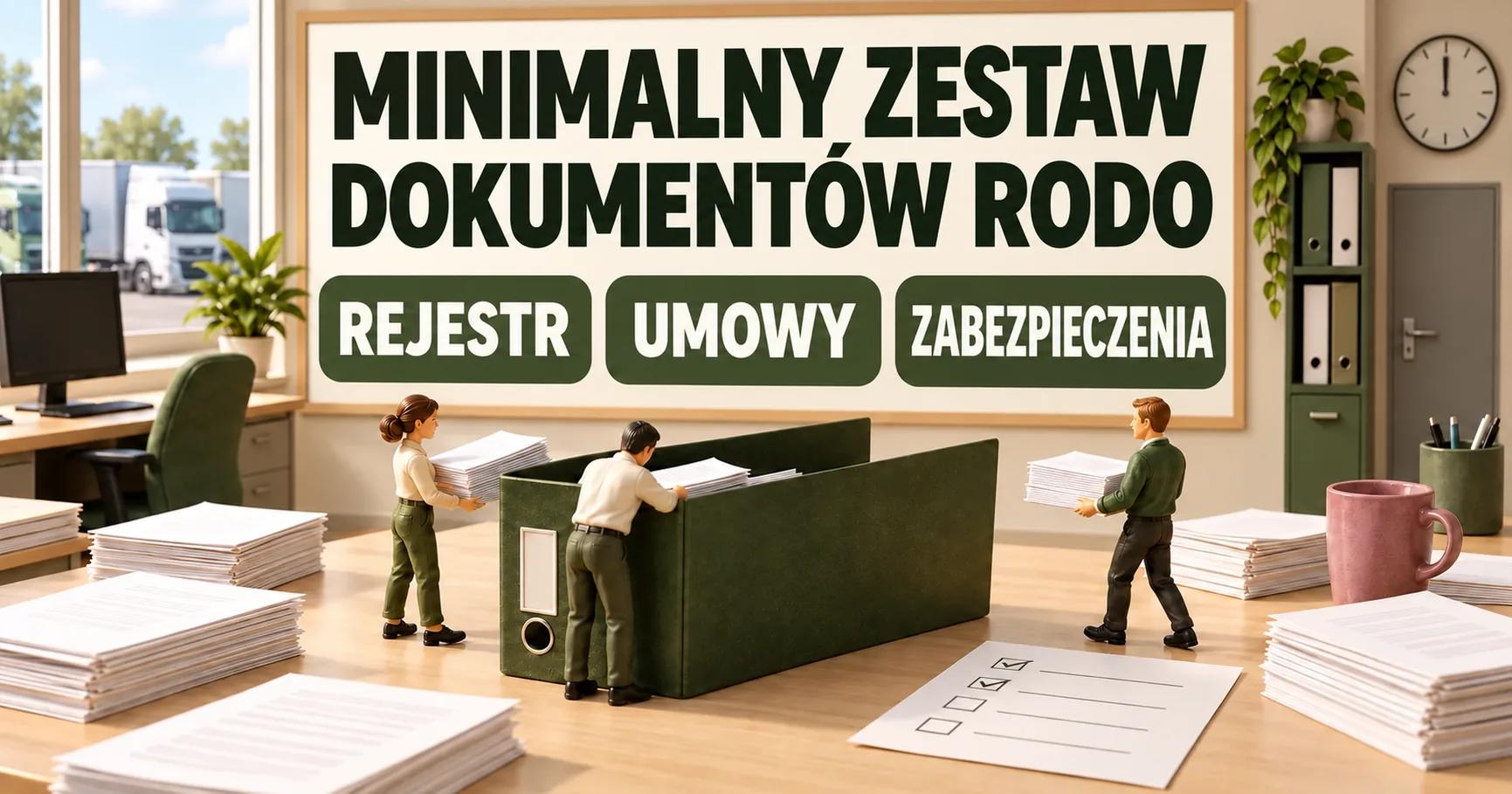 Diorama biura firmy transportowej: pracownicy zbierają dokumenty do oliwkowego segregatora, a na tablicy są napisy MINIMALNY ZESTAW DOKUMENTÓW RODO, REJESTR, UMOWY i ZABEZPIECZENIA.