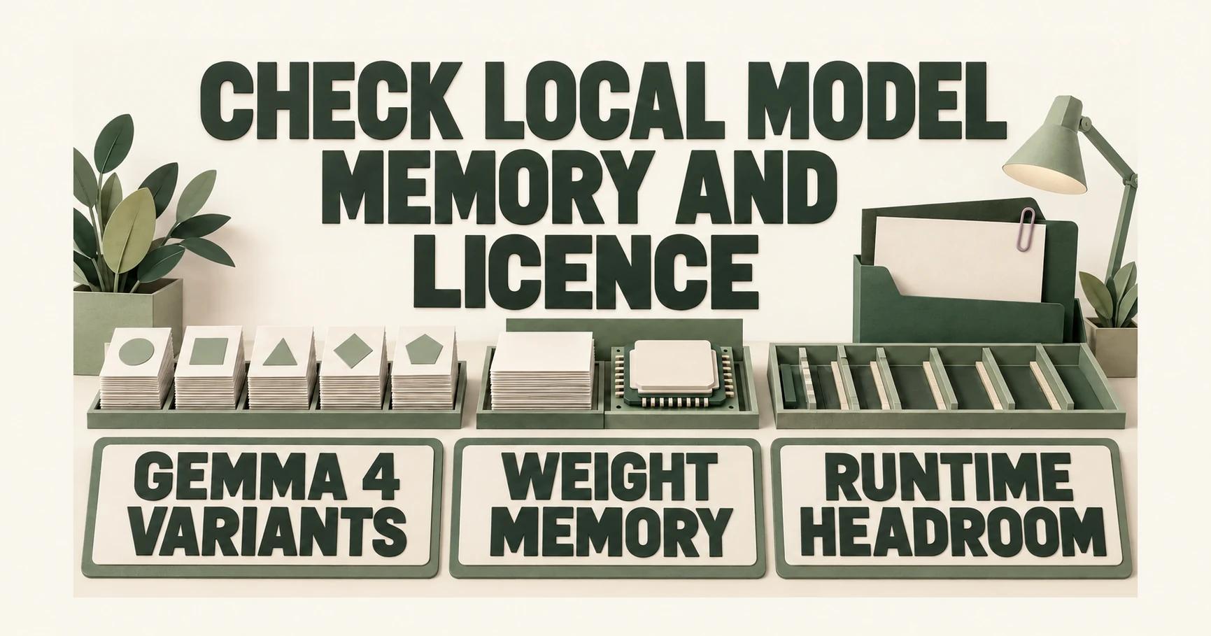 Paper stacks, a blank chip and empty memory slots sit beneath CHECK LOCAL MODEL MEMORY AND LICENCE, GEMMA 4 VARIANTS, WEIGHT MEMORY and RUNTIME HEADROOM; an olive folder holds a blank sheet with a mauve clip.