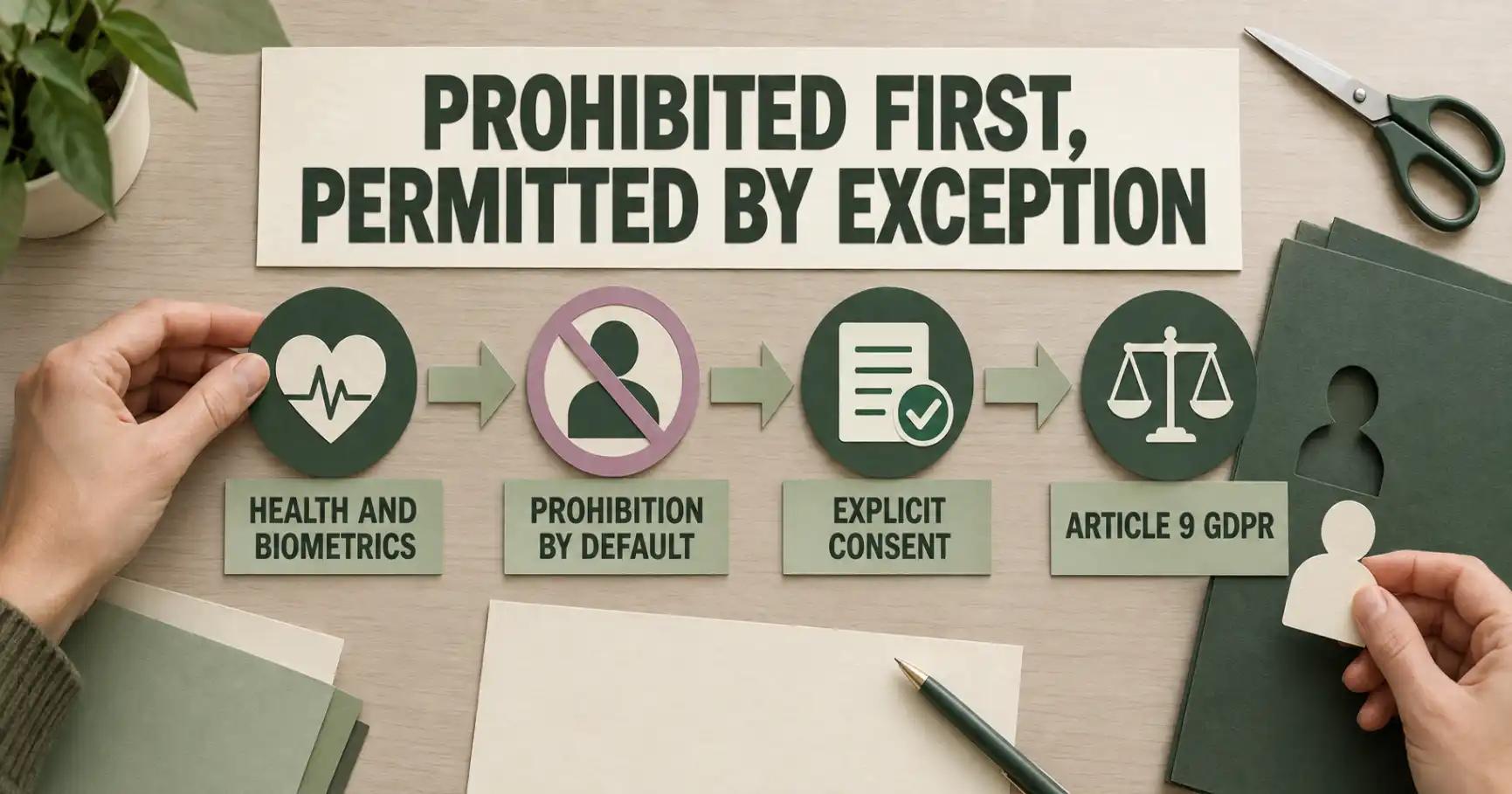 Layered paper cards in a physiotherapy room show PROHIBITED FIRST, PERMITTED BY EXCEPTION above health, prohibition, consent and Article 9 labels.