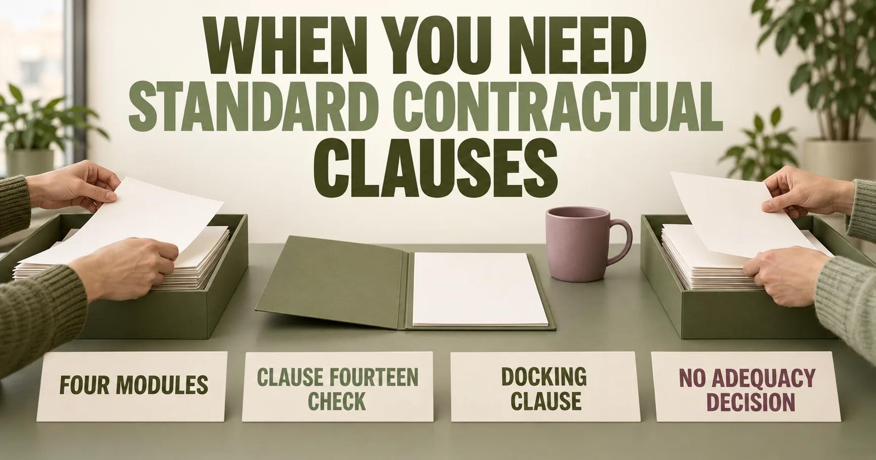 Two pairs of hands sort blank contracts into olive trays beneath WHEN YOU NEED STANDARD CONTRACTUAL CLAUSES, with cards for FOUR MODULES, CLAUSE FOURTEEN CHECK, DOCKING CLAUSE and NO ADEQUACY DECISION.