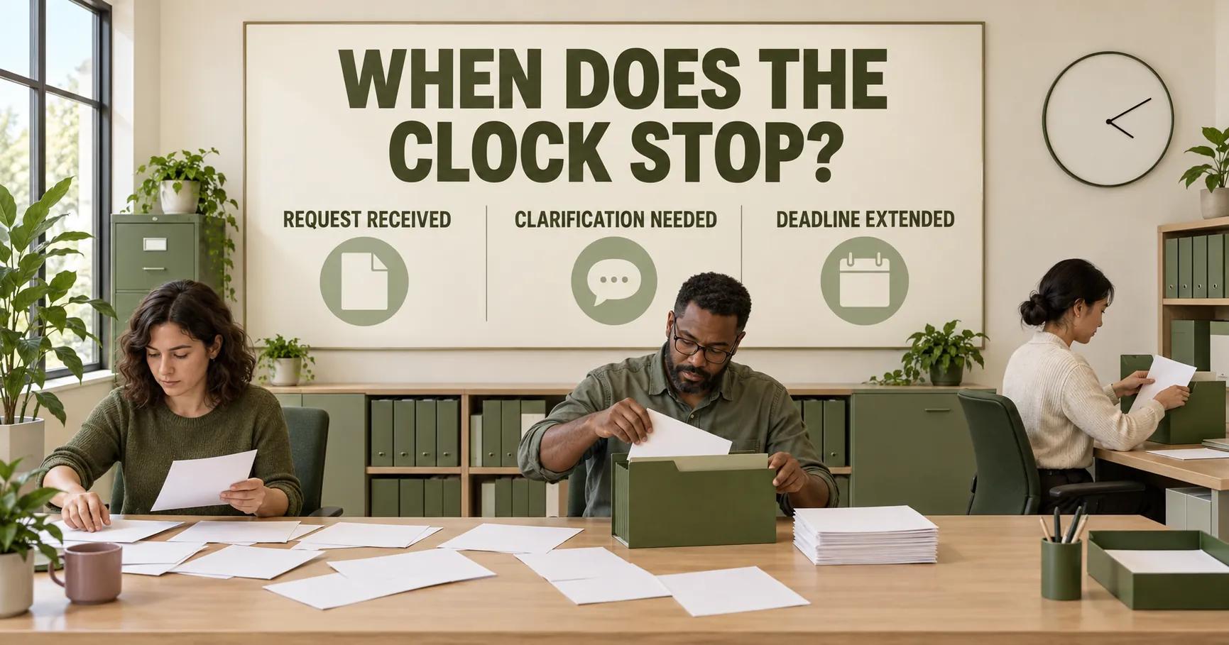 At a recruitment agency records desk, staff work beside an olive folder and a board reading WHEN DOES THE CLOCK STOP?, REQUEST RECEIVED, CLARIFICATION NEEDED and DEADLINE EXTENDED.