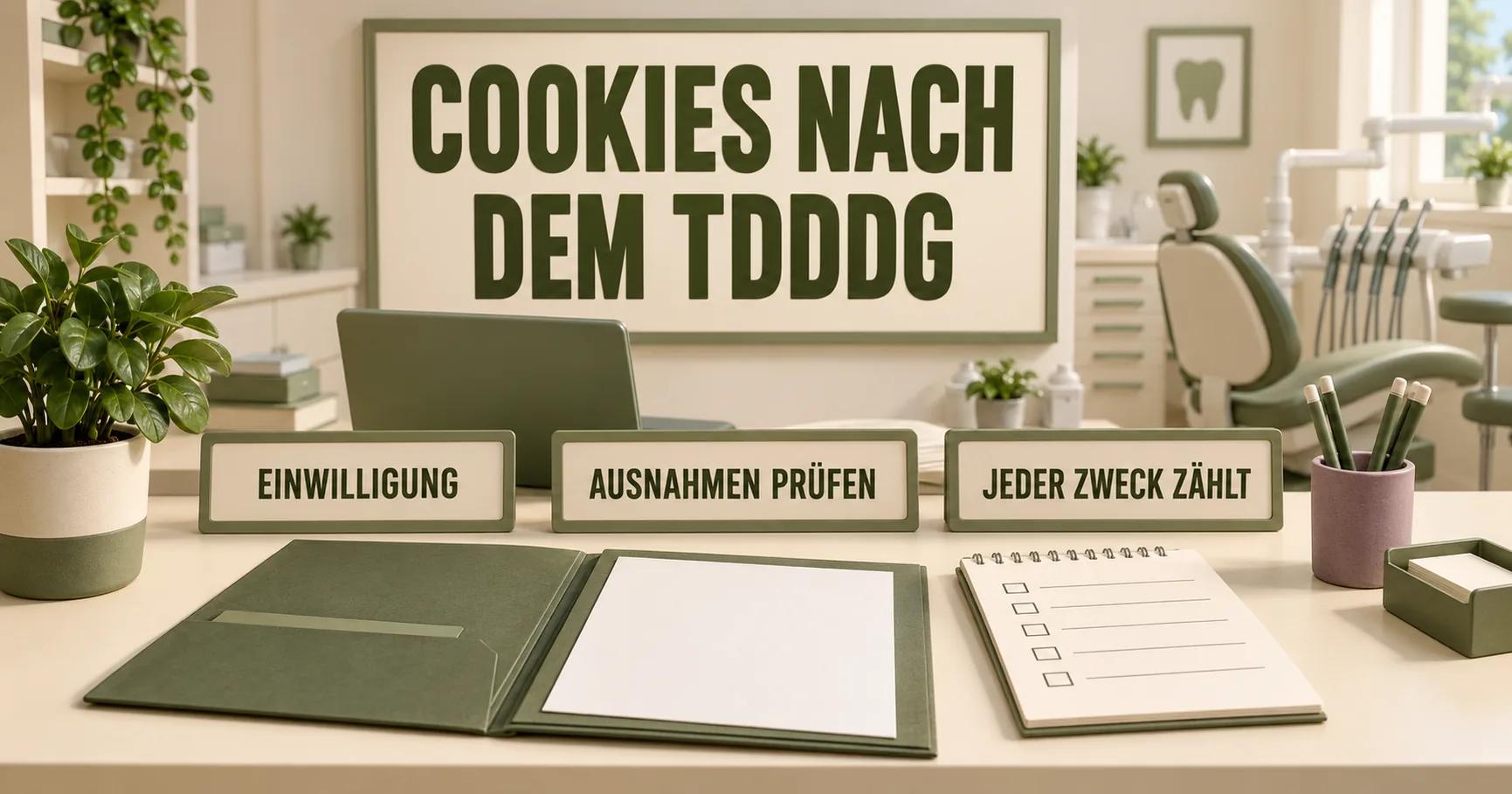 Ein Schreibtisch einer Zahnarztpraxis zeigt unter COOKIES NACH DEM TDDDG drei Schilder: EINWILLIGUNG, AUSNAHMEN PRÜFEN und JEDER ZWECK ZÄHLT; davor liegt eine offene olivgrüne Mappe.