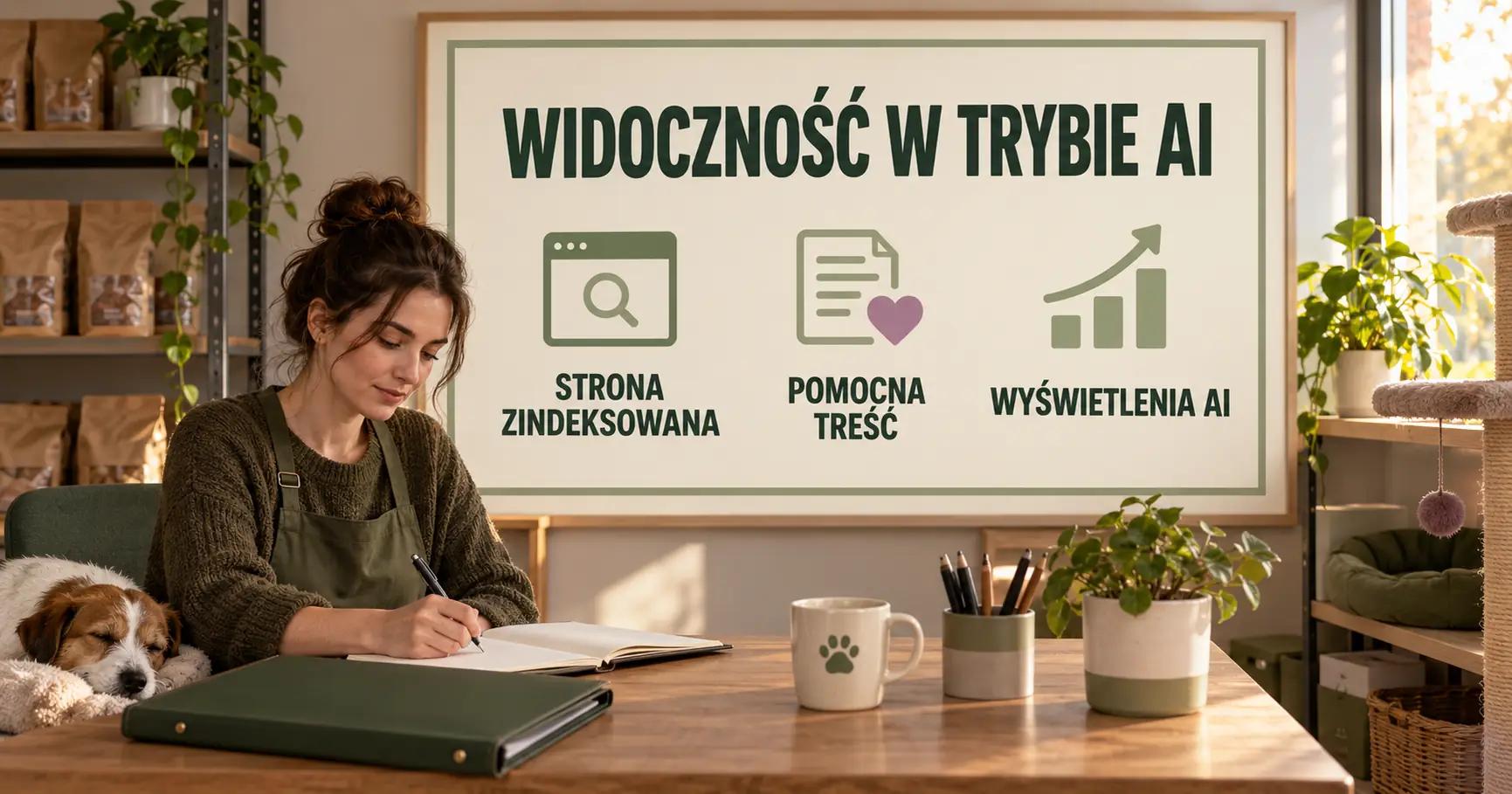 Właścicielka sklepu zoologicznego zapisuje notatki obok oliwkowej teczki i planszy WIDOCZNOŚĆ W TRYBIE AI z podpisami STRONA ZINDEKSOWANA, POMOCNA TREŚĆ i WYŚWIETLENIA AI.