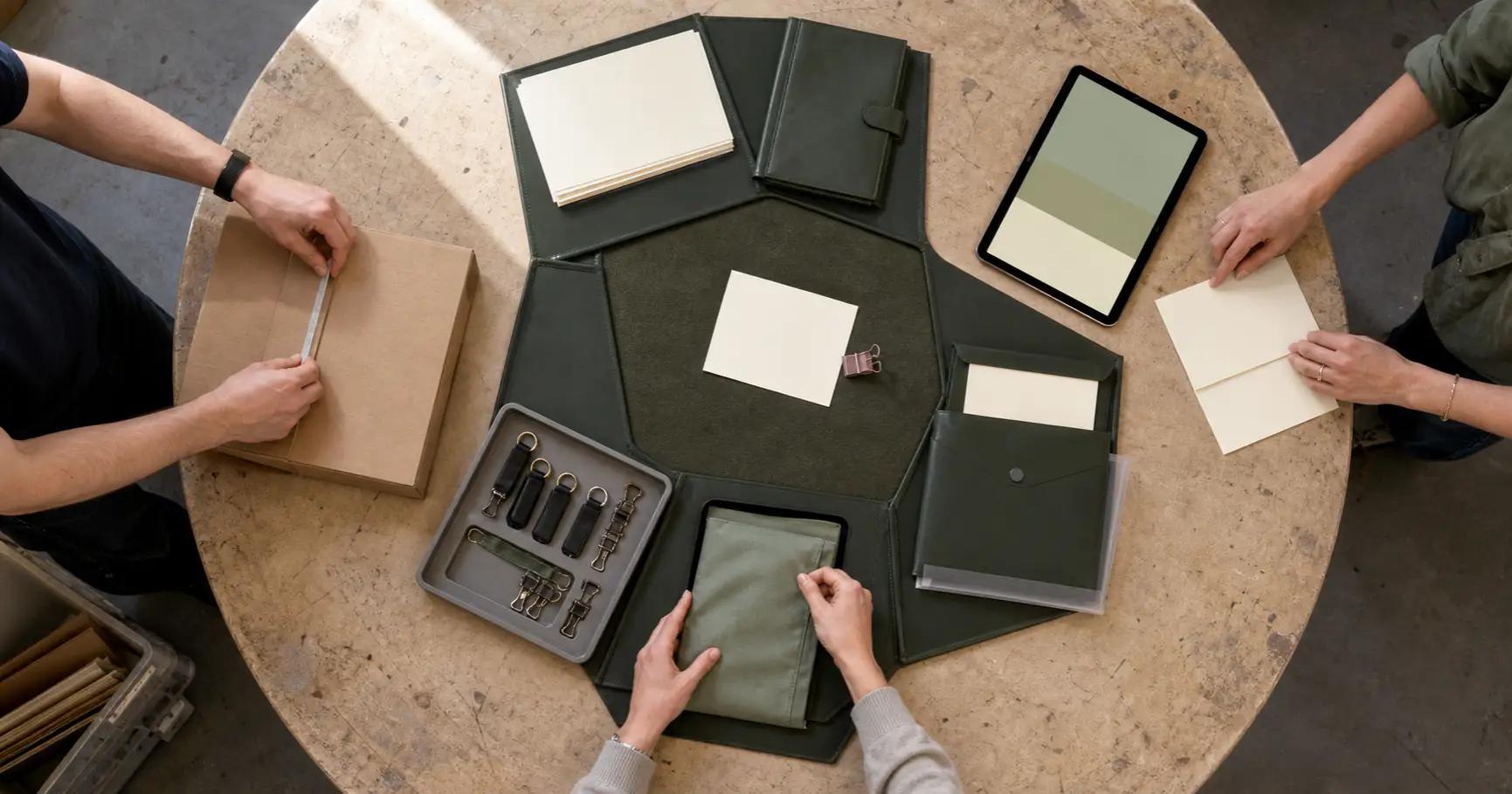 Six hands work around a circular workshop table, sealing a parcel, reviewing blank records beside a tablet and filing an archive pouch into a central olive operating folder with one loose action card.