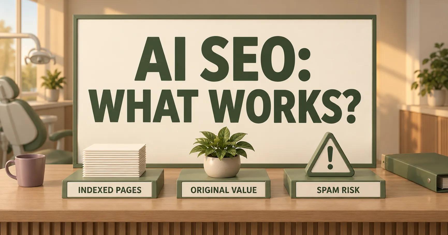 A dental practice desk displays AI SEO: WHAT WORKS? above three stations labelled INDEXED PAGES, ORIGINAL VALUE and SPAM RISK, beside an open olive folder.
