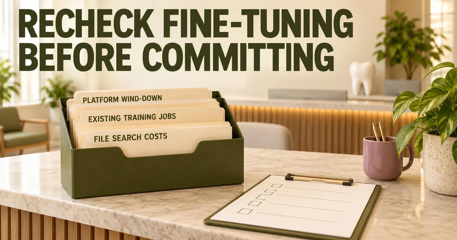 At a dental reception desk, RECHECK FINE-TUNING BEFORE COMMITTING sits above an olive folder labelled PLATFORM WIND-DOWN, EXISTING TRAINING JOBS and FILE SEARCH COSTS.