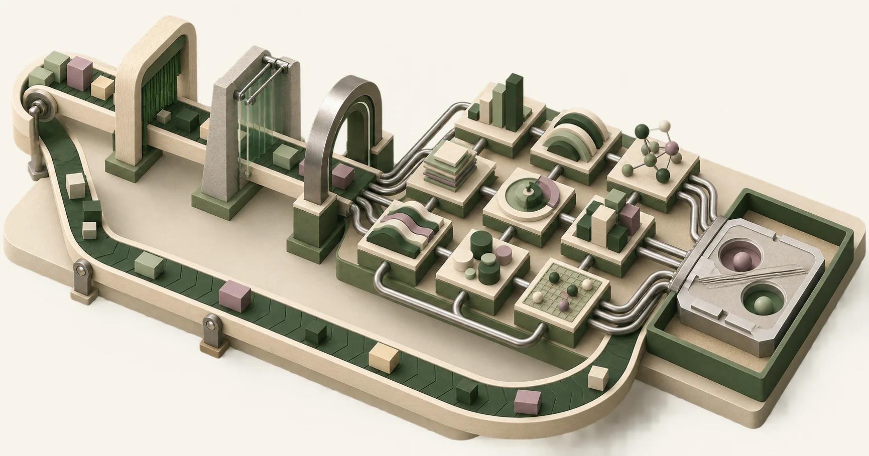 An isometric route passes through three gates and nine screening tiles before reaching a grooved decision tile with a review loop.