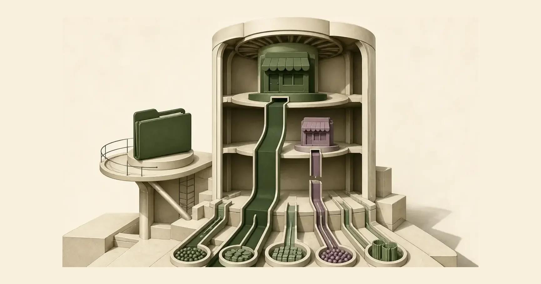 Structural cutaway with evidence conduits feeding a recommendation chamber, a broad established-brand path, a thinner competitor path with visible missing source connections, and an olive folder on a side inspection platform.