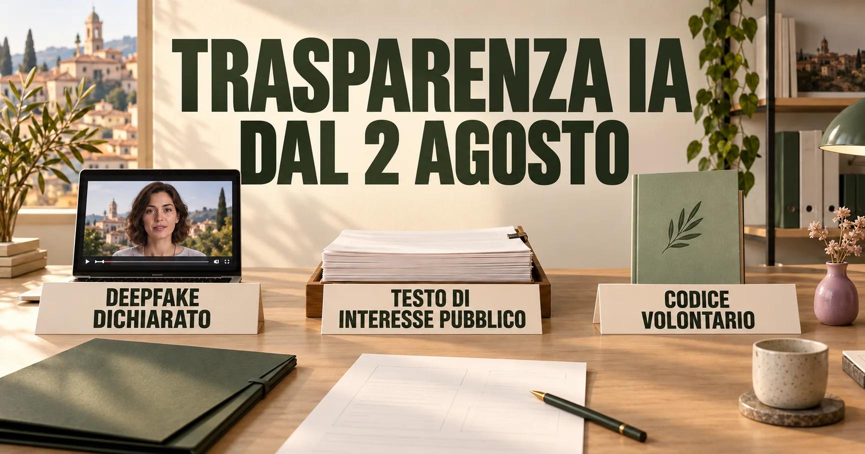 Nello studio di una piccola agenzia, tre postazioni indicano DEEPFAKE DICHIARATO, TESTO DI INTERESSE PUBBLICO e CODICE VOLONTARIO sotto il titolo TRASPARENZA IA DAL 2 AGOSTO.