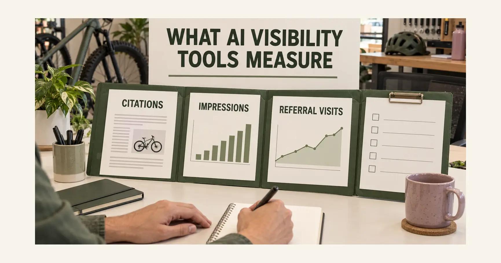 In a bicycle shop back office, a deep olive folder holds three labelled measures beneath WHAT AI VISIBILITY TOOLS MEASURE: CITATIONS, IMPRESSIONS and REFERRAL VISITS; an unfinished checklist sits beside them.