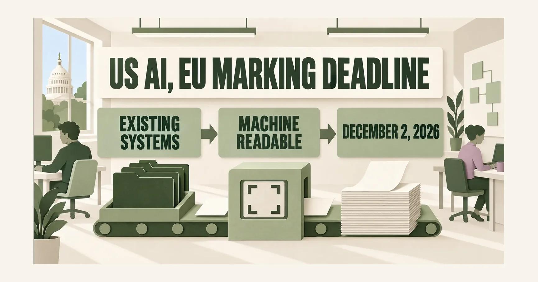 A paper model of a US AI test room shows a deep olive folder moving from EXISTING SYSTEMS through MACHINE READABLE output to DECEMBER 2, 2026, beneath US AI, EU MARKING DEADLINE.