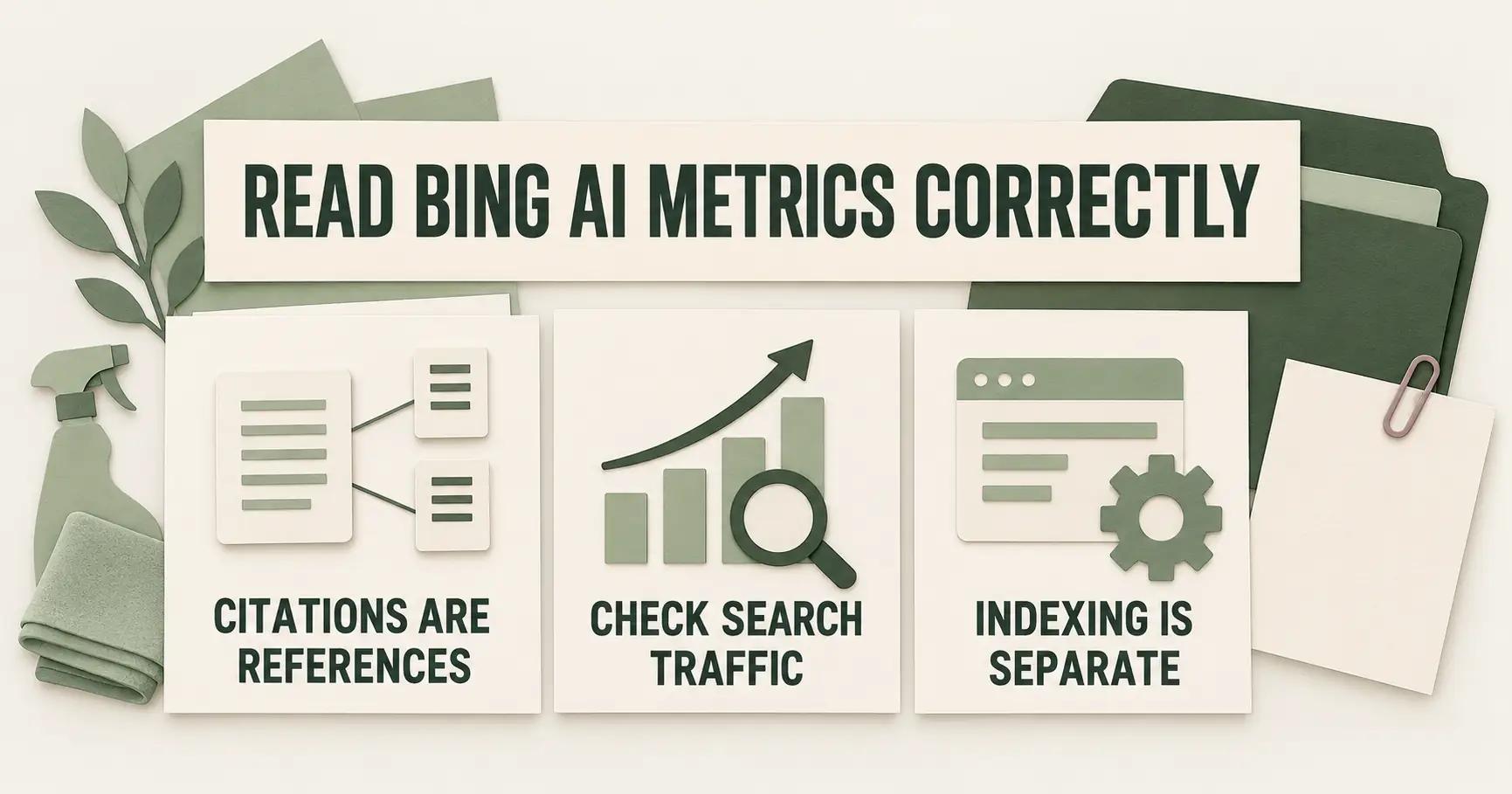 Layered cream paper cards separate citations, search traffic and indexing beneath READ BING AI METRICS CORRECTLY.