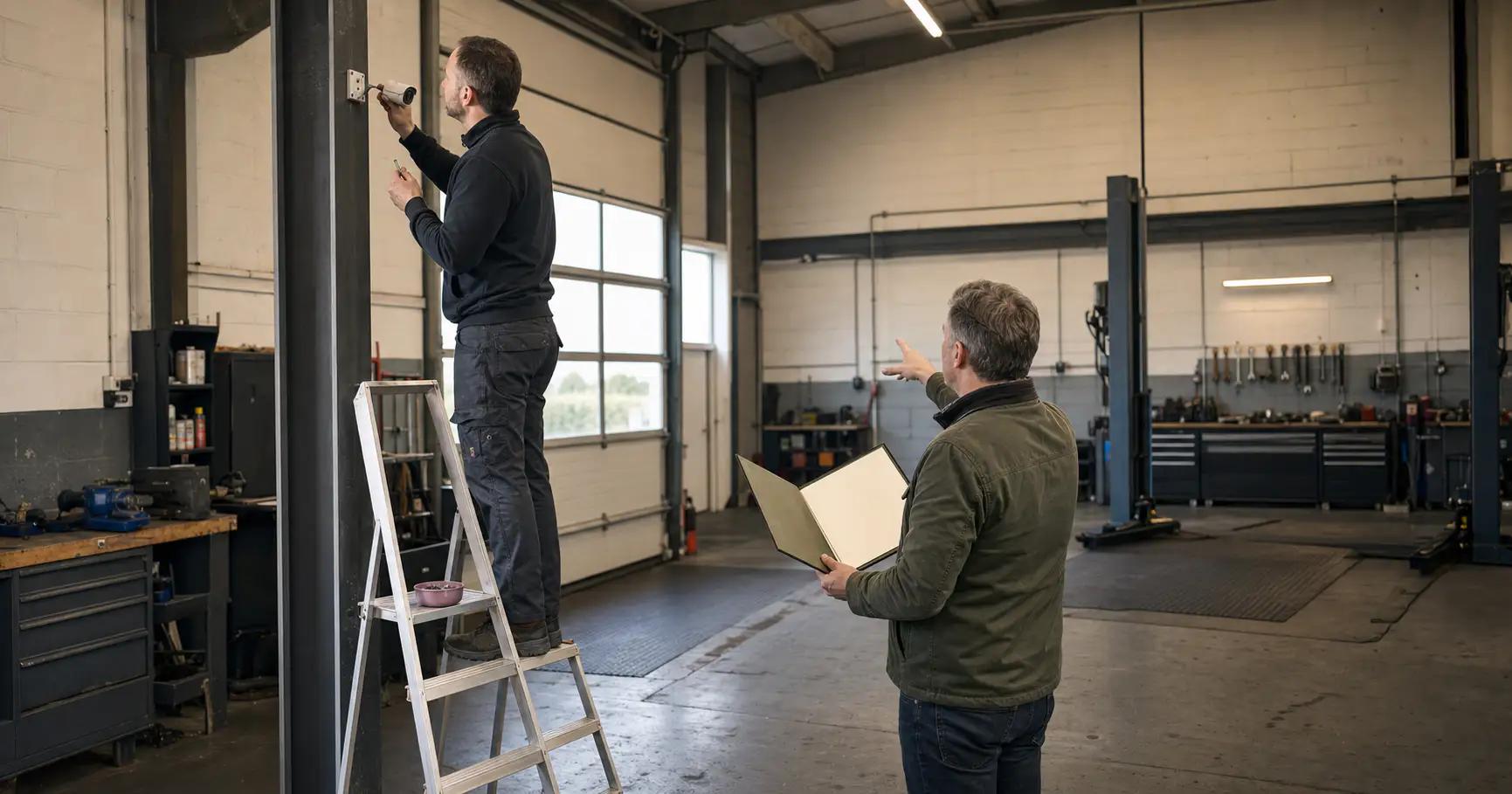 A camera installer holds an unsecured CCTV unit against a workshop column while the owner checks the proposed view from an open olive folder.
