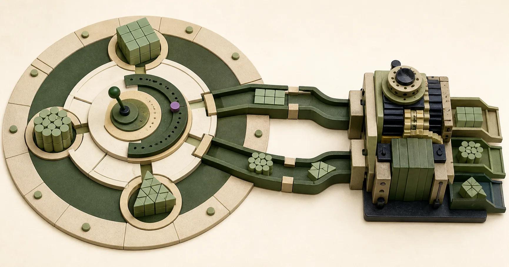 An isometric planning hub routes data blocks from a decision desk to a separate service unit.