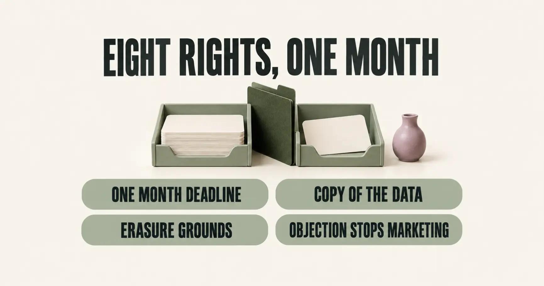 A clinic reception diorama sorts request cards beneath EIGHT RIGHTS, ONE MONTH and labels for access, erasure and marketing objections.