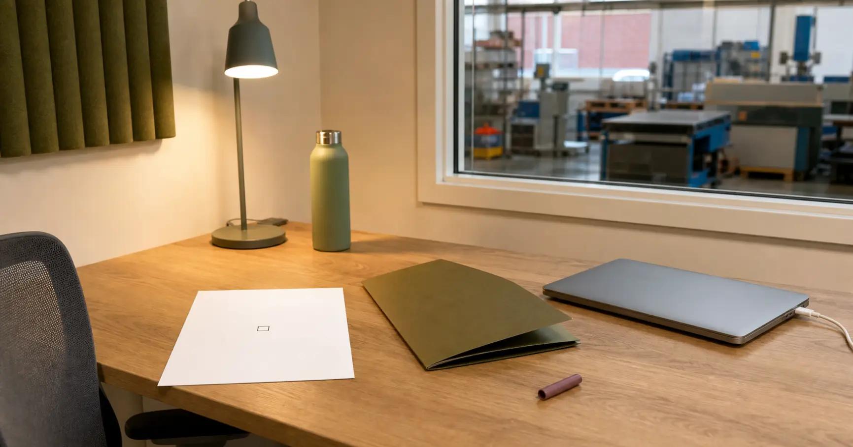 A present-day workshop office with a light wood desk, a closed laptop connected to a charger, an open olive folder, a blank sheet with one unticked box, a lit lamp, an insulated bottle, a mesh chair and a window onto working machinery.